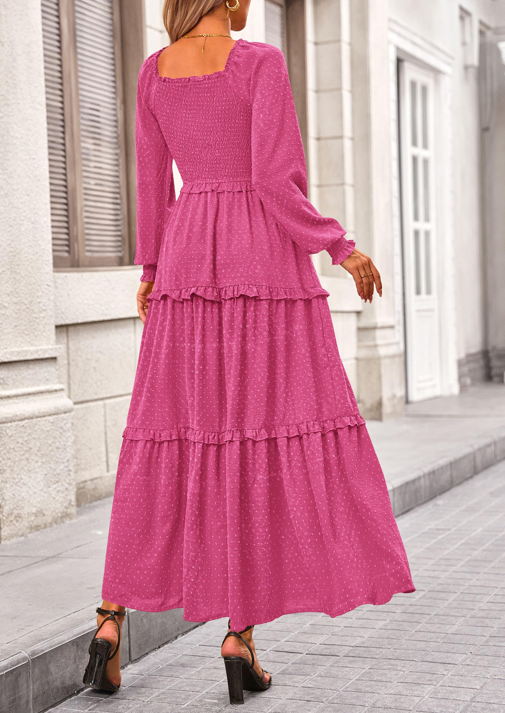 Women's Smocked Long Sleeve Maxi Dress Wedding Guest Dresses