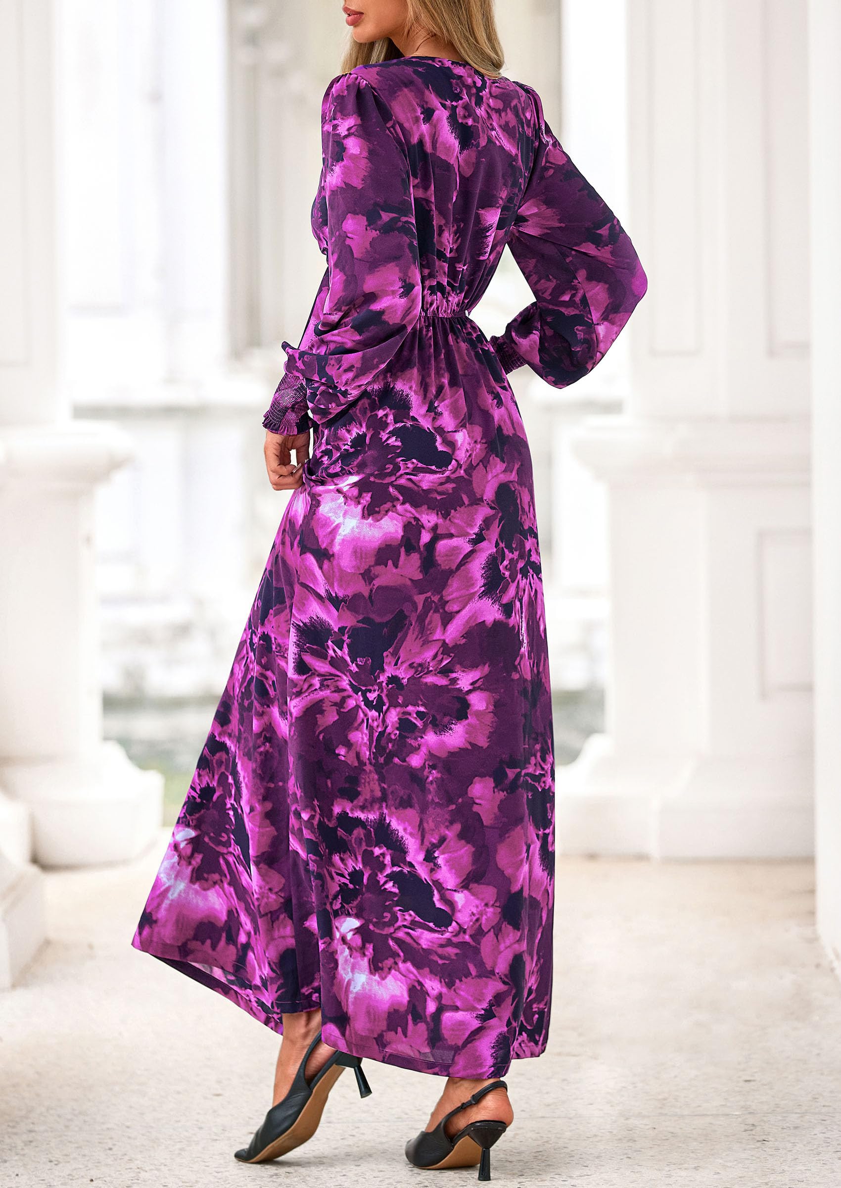 Women's Tie Waist Floral Maxi Dress,Floral Purple,S