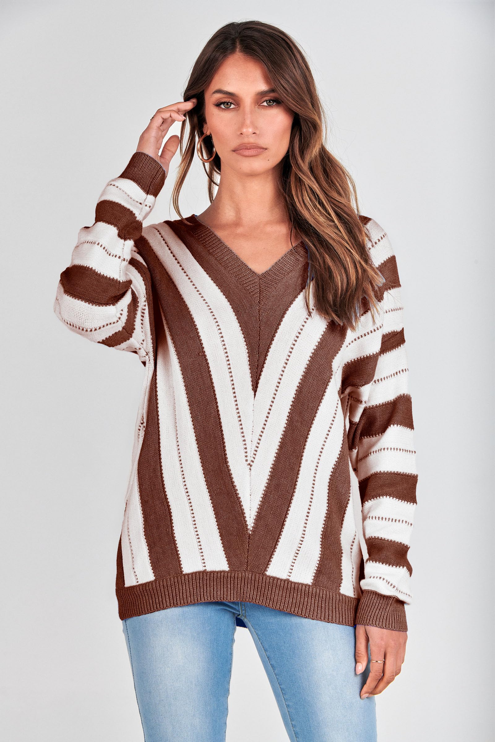 Women's V Neck Striped Knit Pullover Sweater