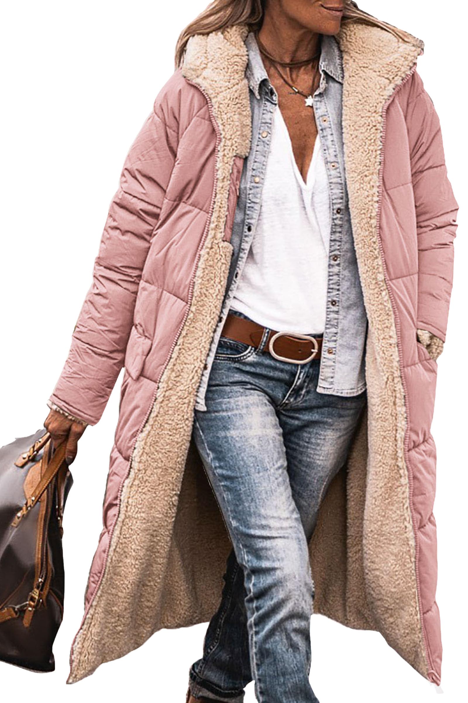 Women's Winter Fleece Warm Long Coats(Pink,XXL)