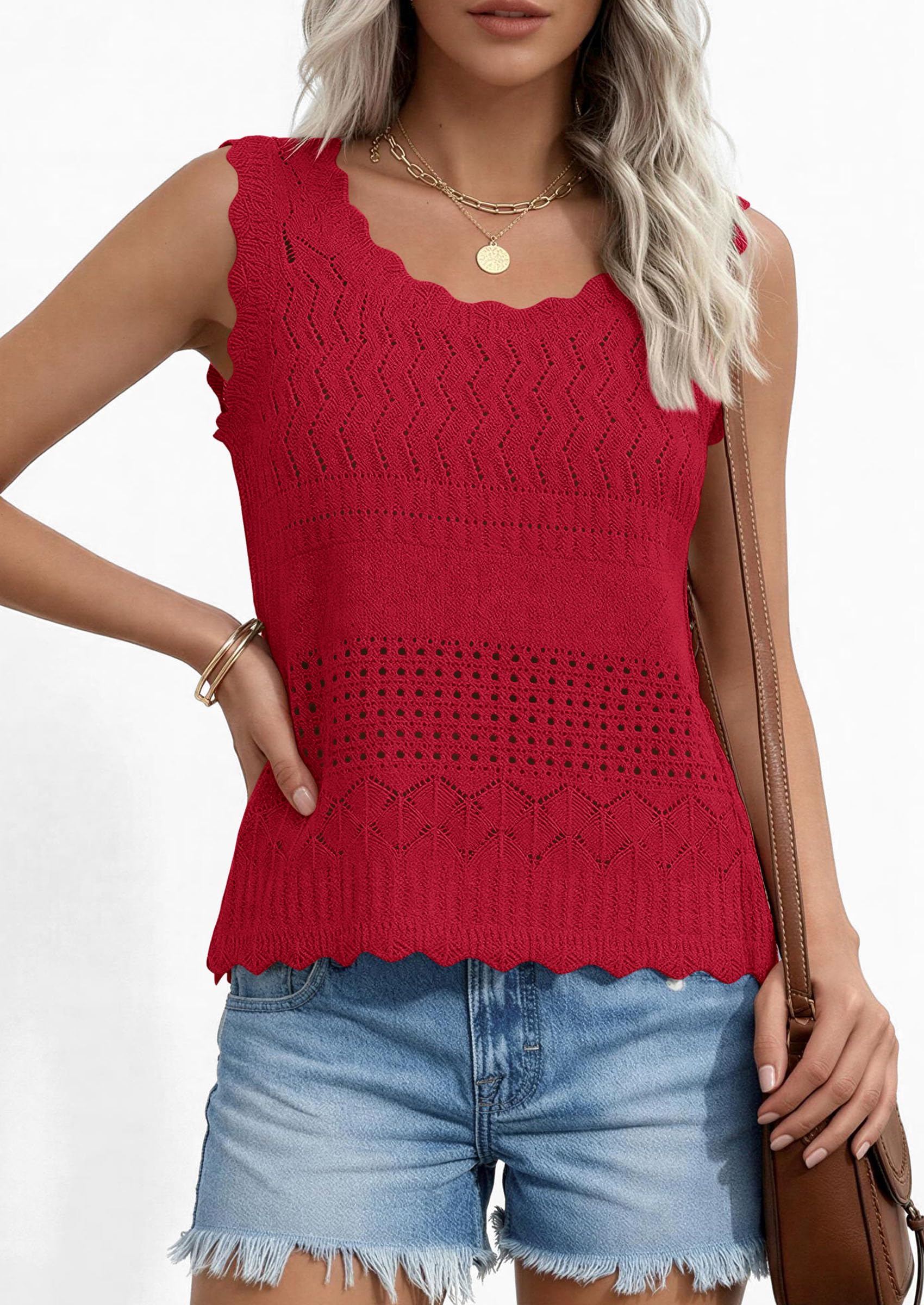 Womens Crochet Tank Tops Knit Sleeveless Vest,Red,S