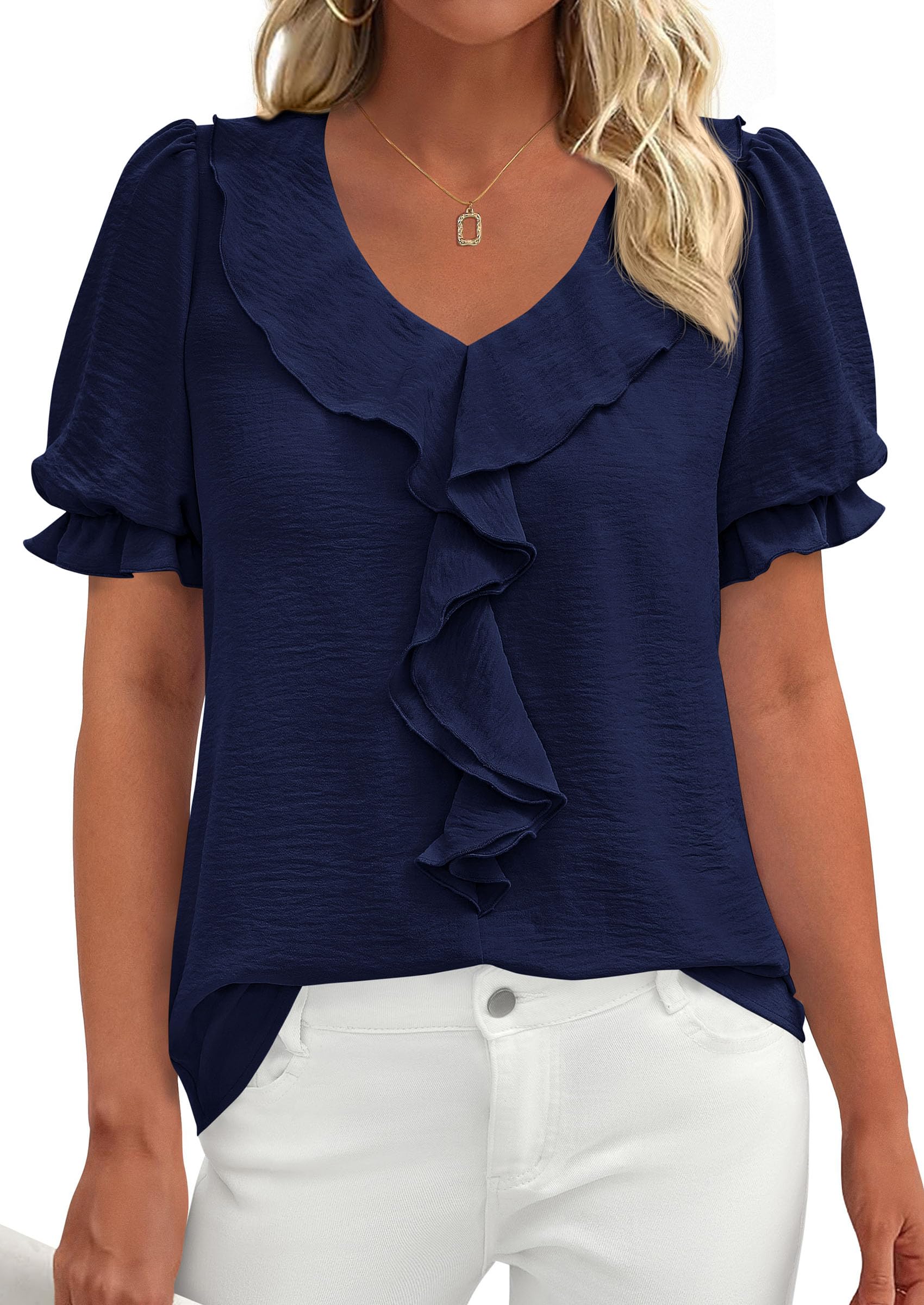 Women's Summer Ruffle Dressy Casual Blouses (Navy Blue,S)