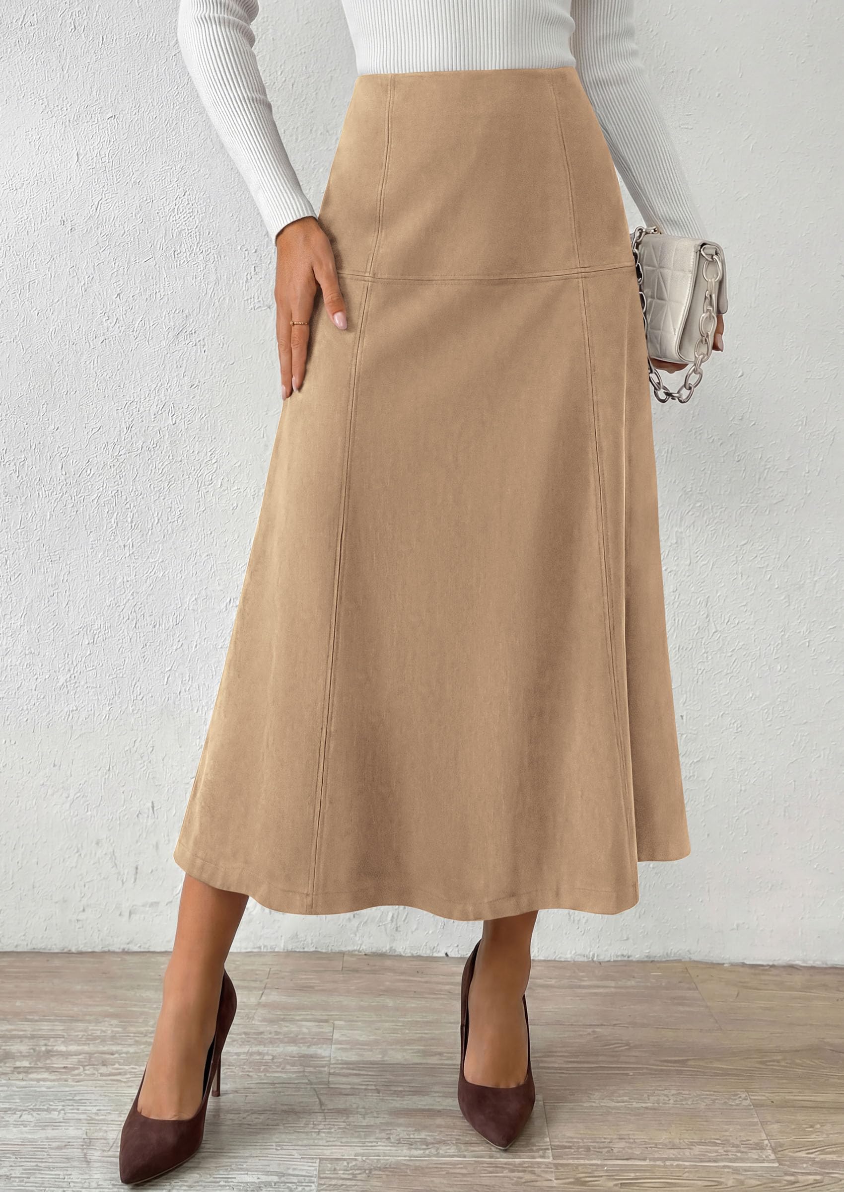 Womens High Waist Faux Suede A Line Midi Skirt,Apricot,S