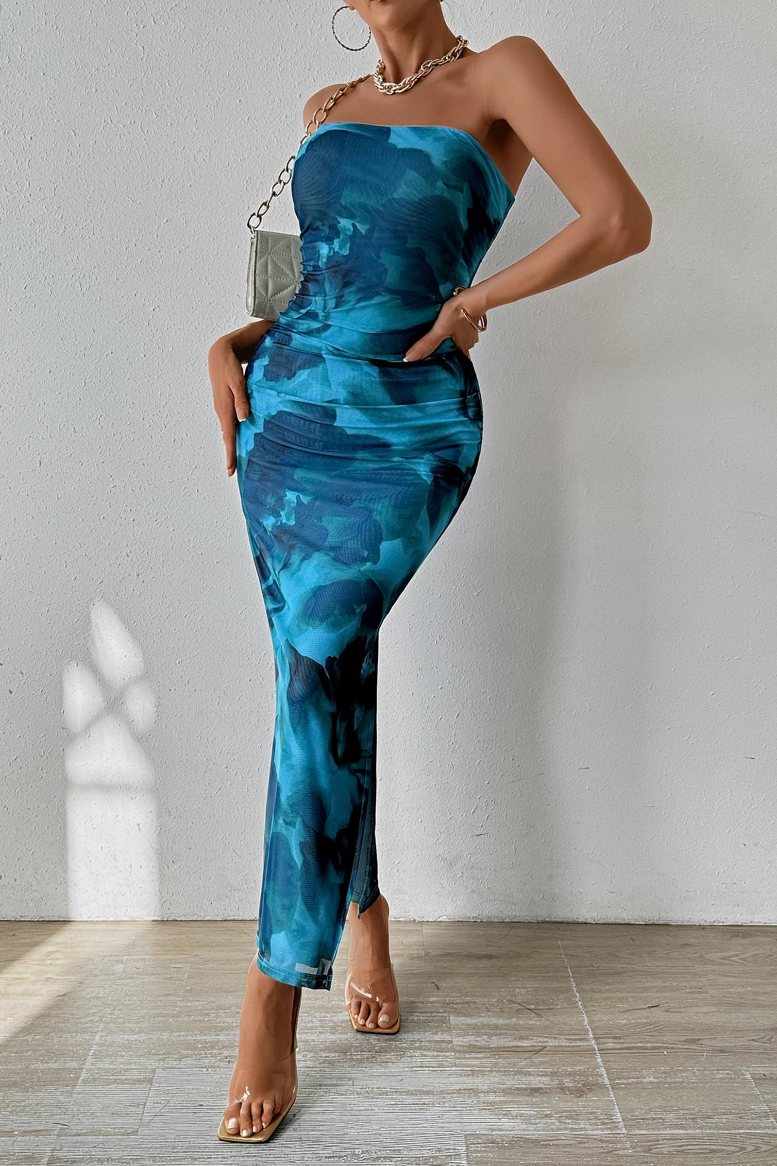 Womens Strapless Bodycon Floral Maxi Dress, Print Lake Blue,S