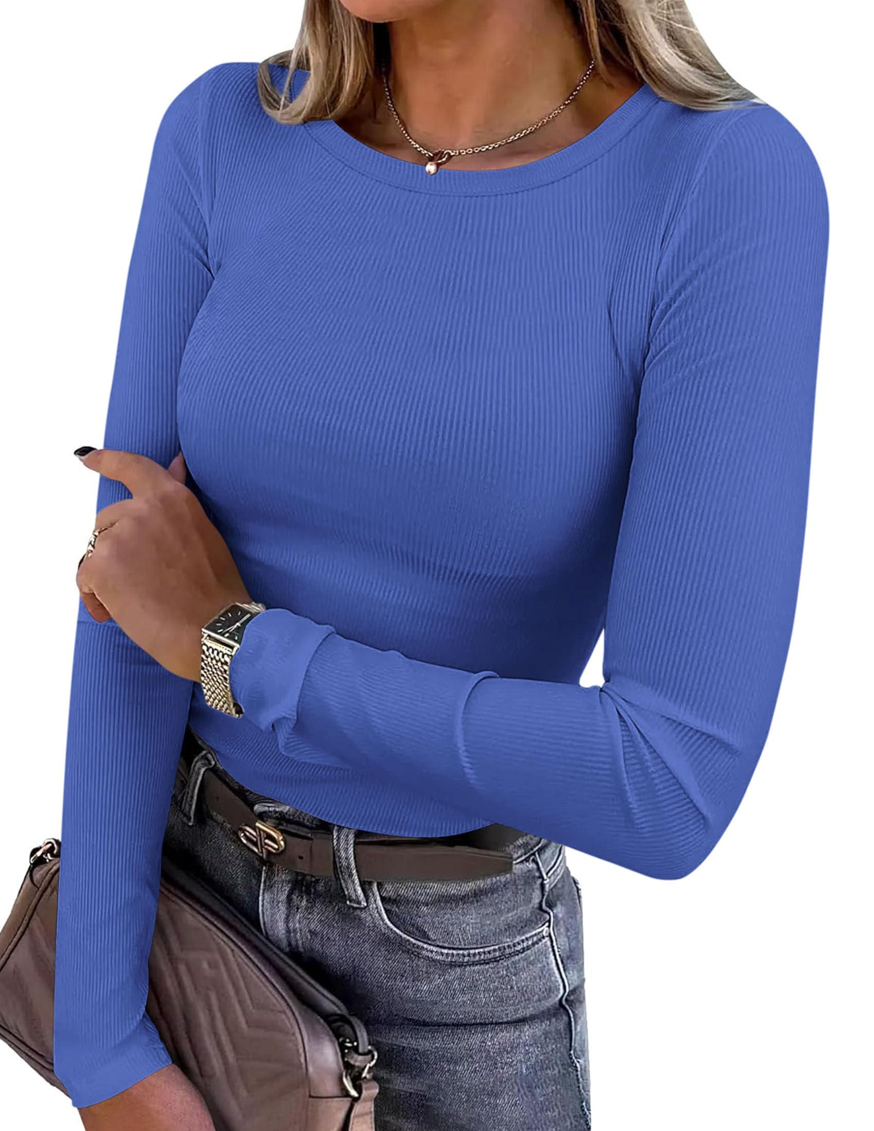 Women's Fall Long Sleeve Shirts Basic Tees (Blue,XS)
