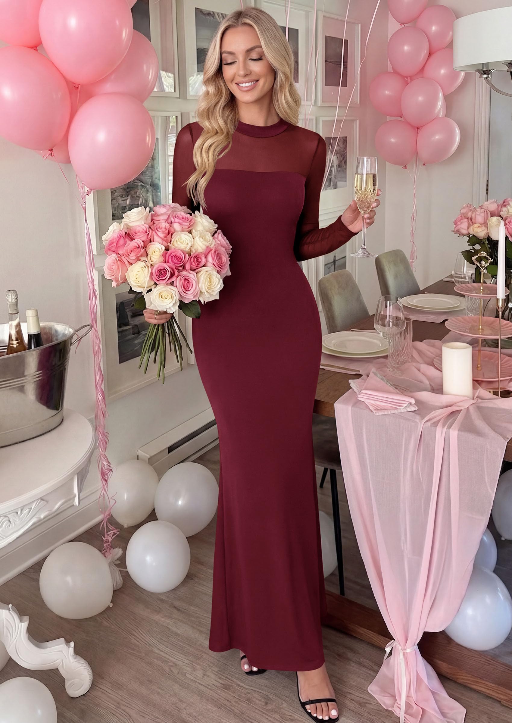 Women's Long Sleeve Formal Mesh Fall Wedding Guest Maxi Dress