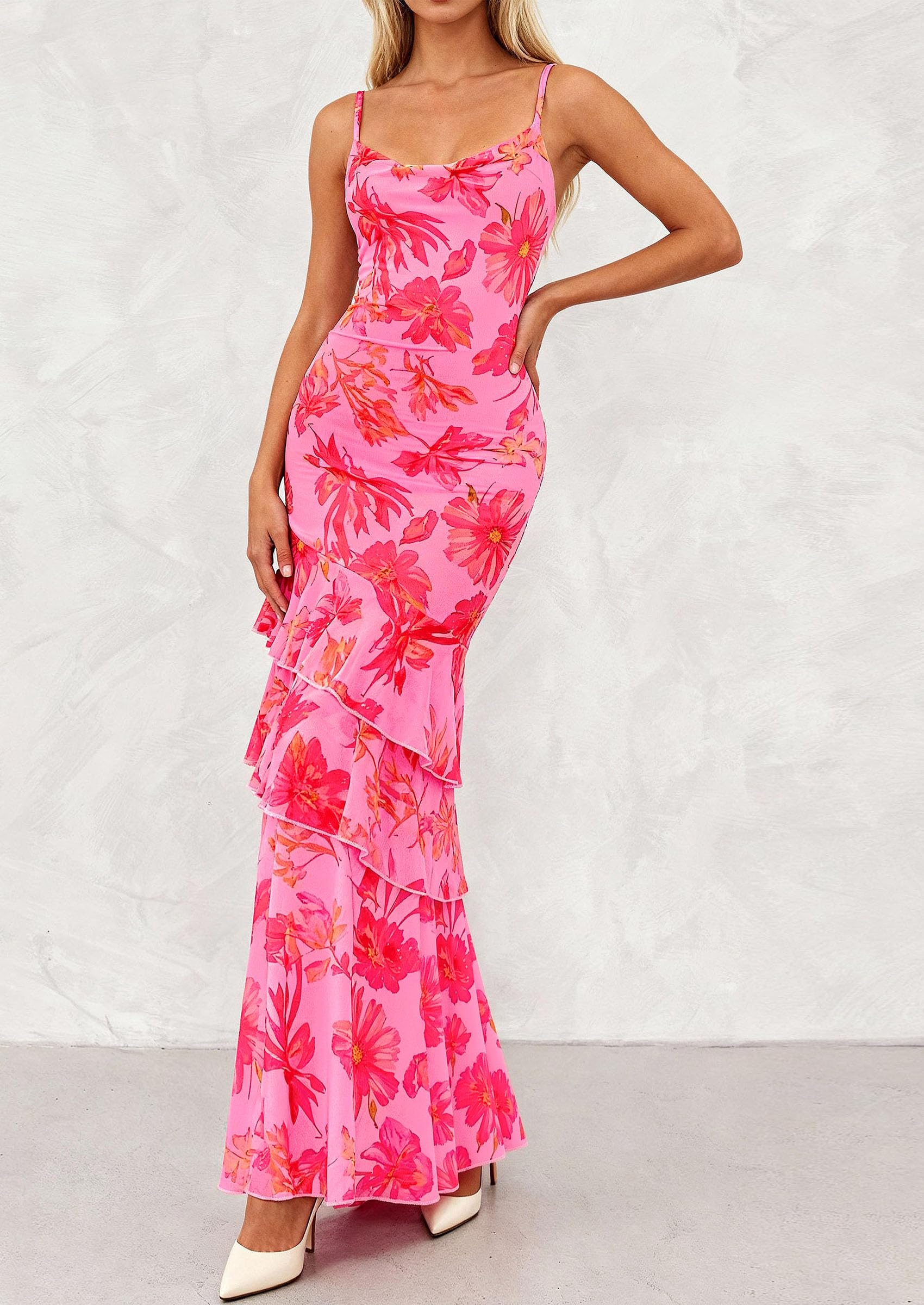 Women's Boho Floral Tiered Maxi Dress, Pink Orange Floral,XS