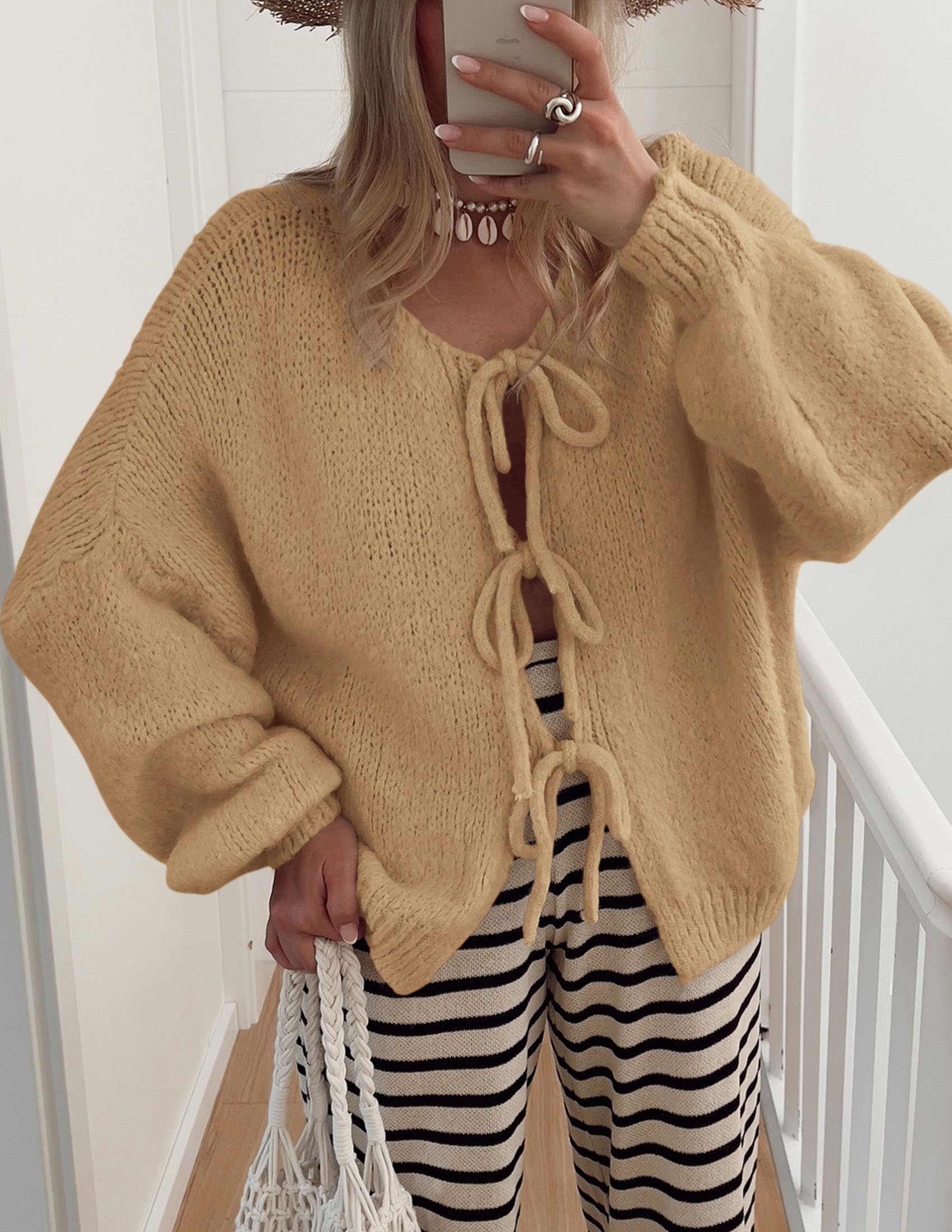 Women's Tie Front Bow Cardigan Sweaters(Khaki,Small)