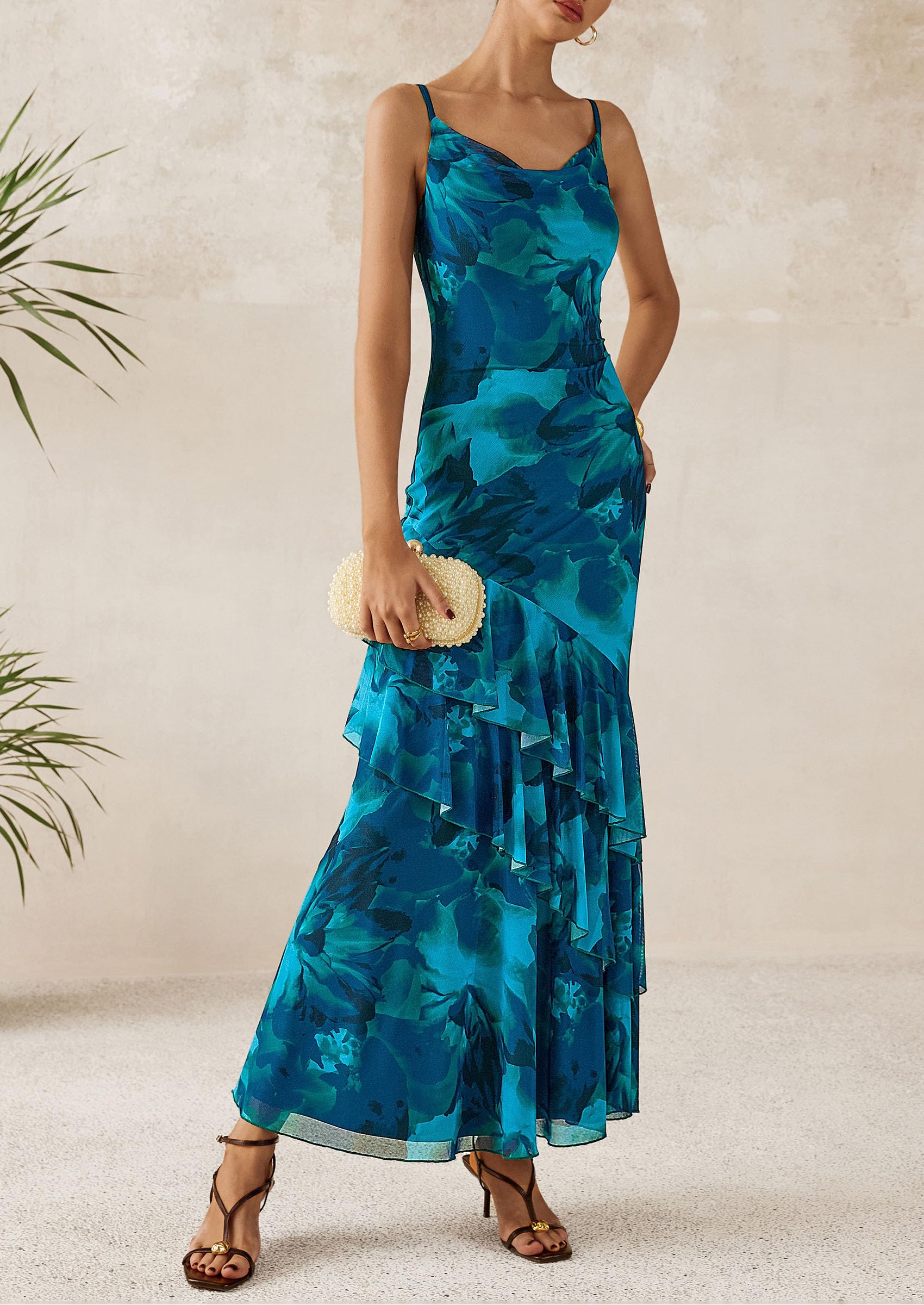 Women's Boho Floral Tiered Maxi Dress, Print Blue Green,XS