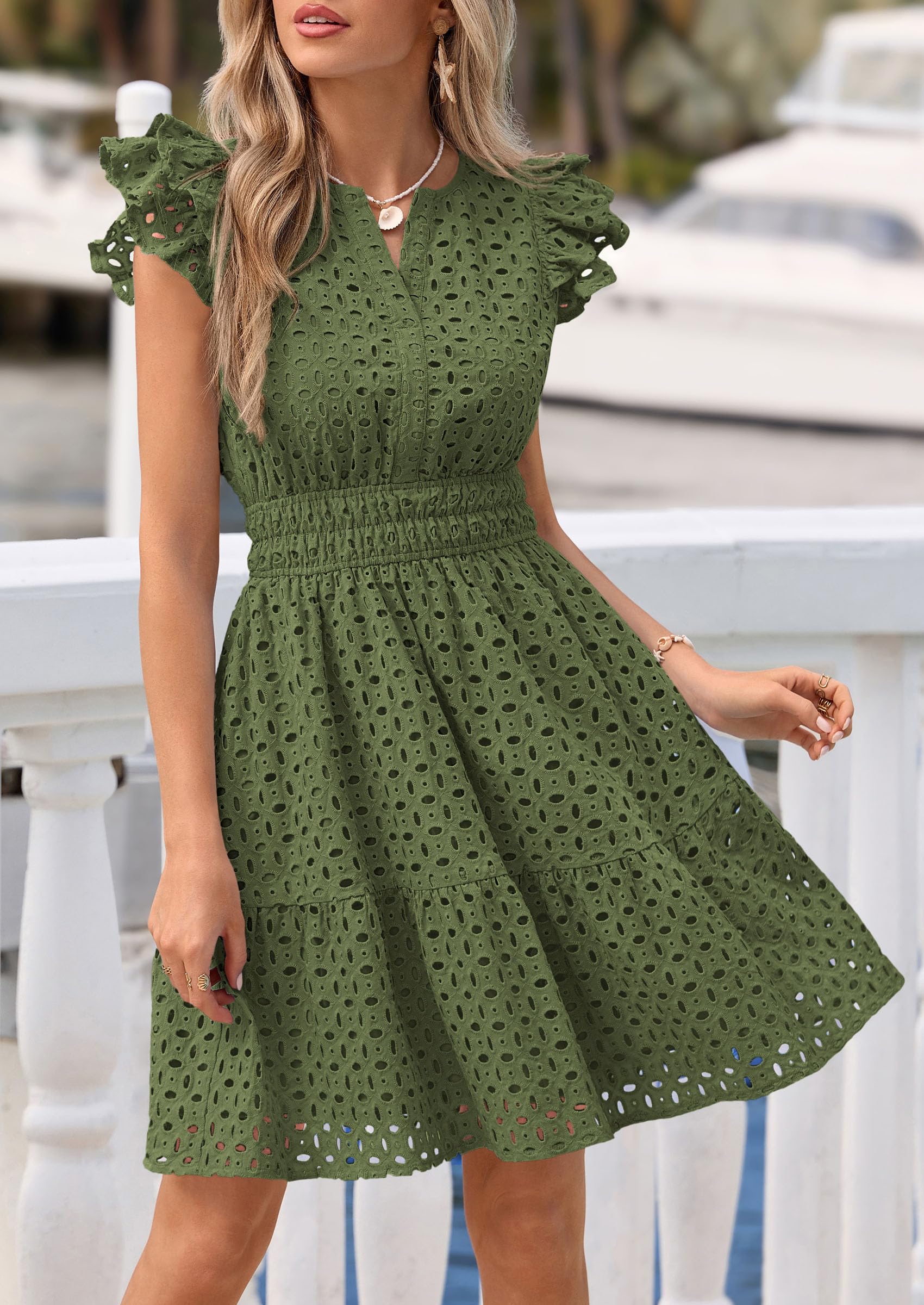 Women's Summer V Neck Eyelet Short Dress (Army Green,Small)