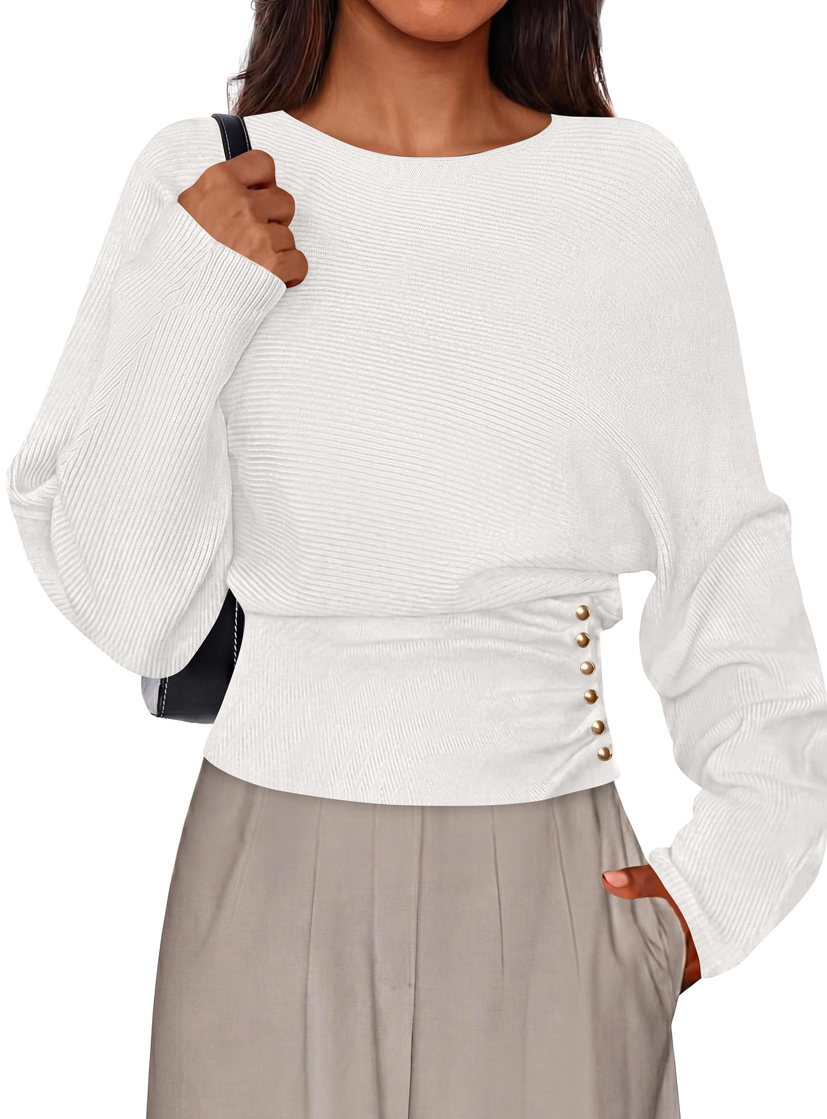 Batwing Sleeve Sweaters for Women Pullover Fall Clothes White