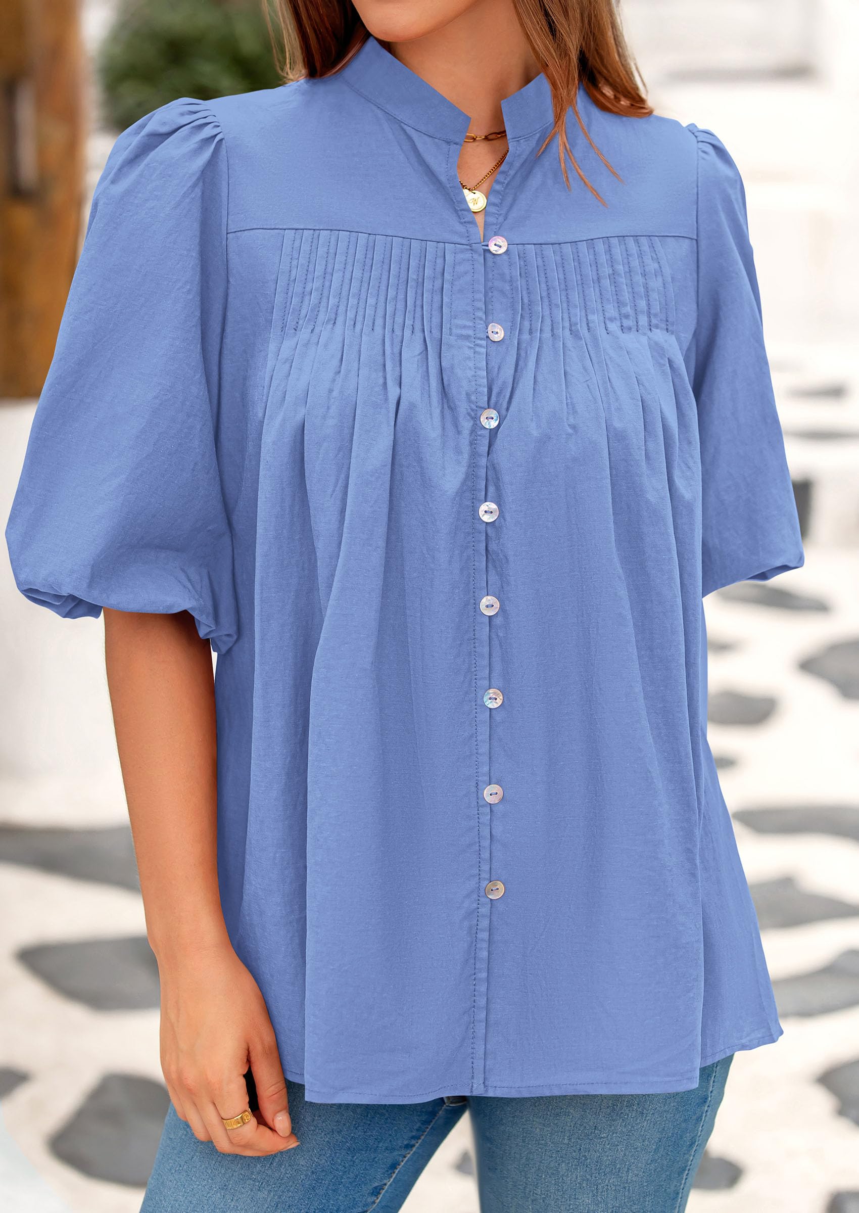 Short Sleeve Henley Shirts for Women,Light Blue,S