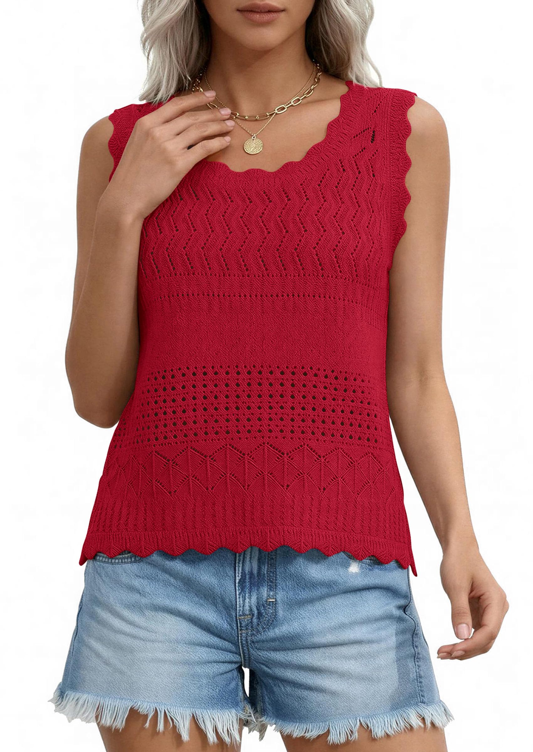Womens Crochet Tank Tops Knit Sleeveless Vest,Red,S