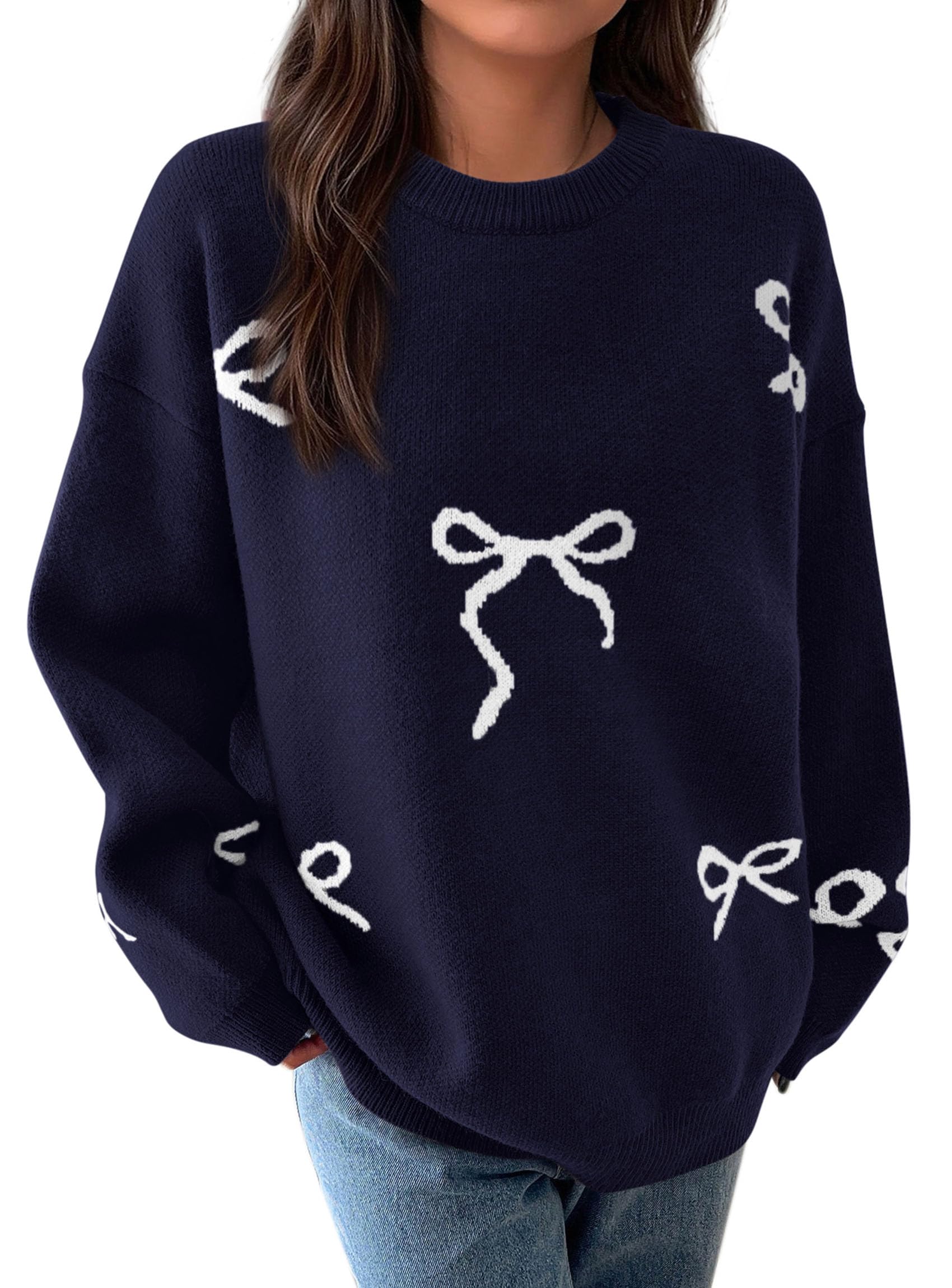 Fall Long Sleeve Pullover Sweaters for Women 2026 Trendy Crewneck Casual Cute Bow Chunky Knit Oversized Sweater (Navy Blue,Small)