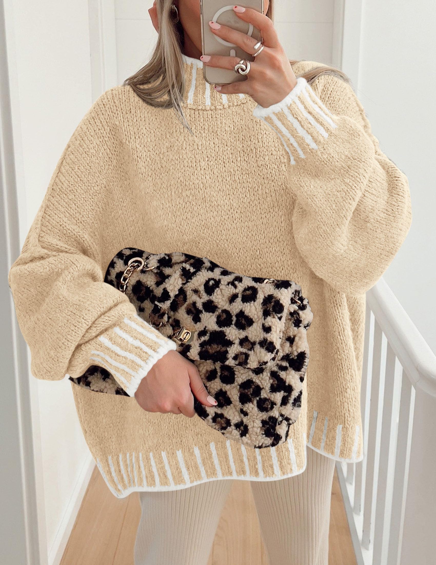 Women's Mock Neck Oversized Pullover Sweaters,Apricot,XS
