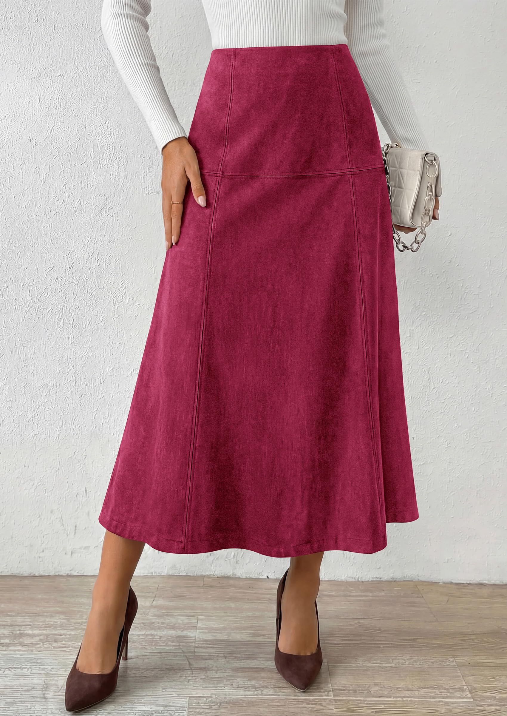 Womens High Waist Faux Suede A Line Midi Skirt,Wine Red,S