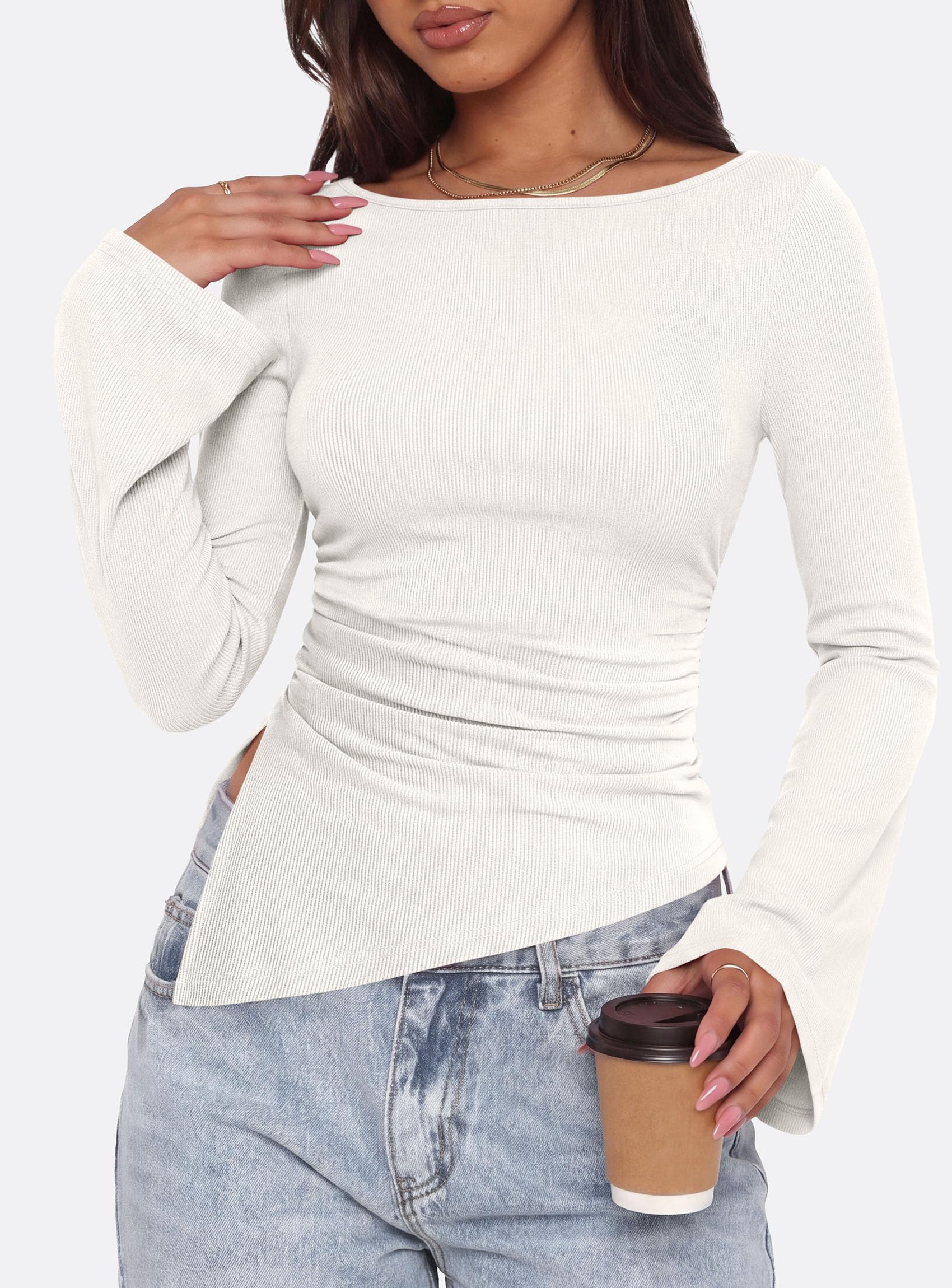 Womens Bell Long Sleeve Boat Neck Asymmetrical Tops White,XS