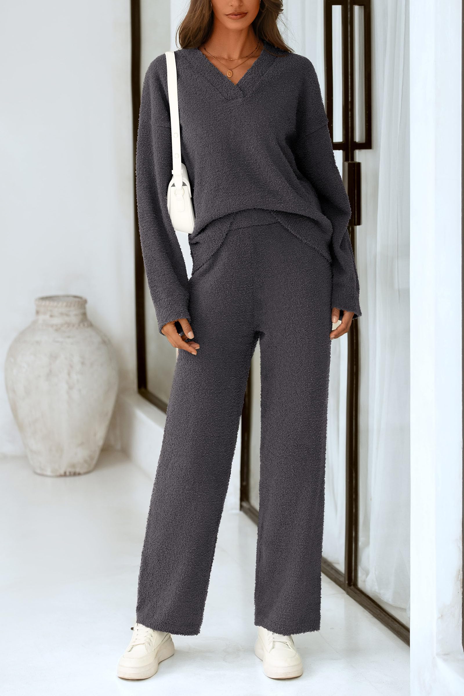 Lounge Sets for Women Fall 2 Piece Fuzzy Sweater Pajama Set