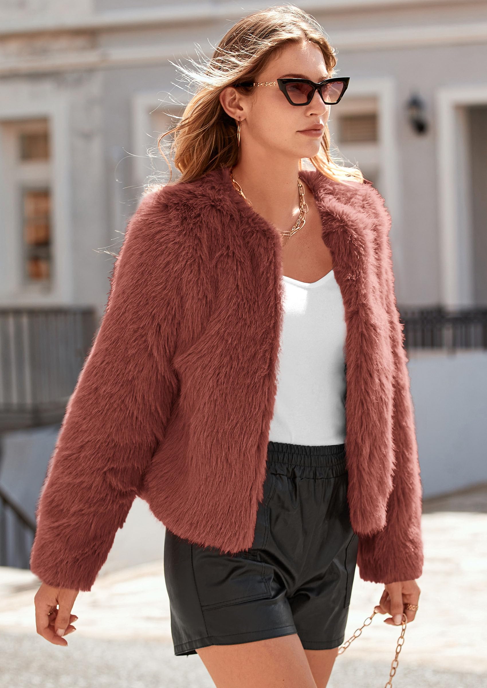 Women's Winter Cropped Faux Fur Coats(Rust Red,Small)