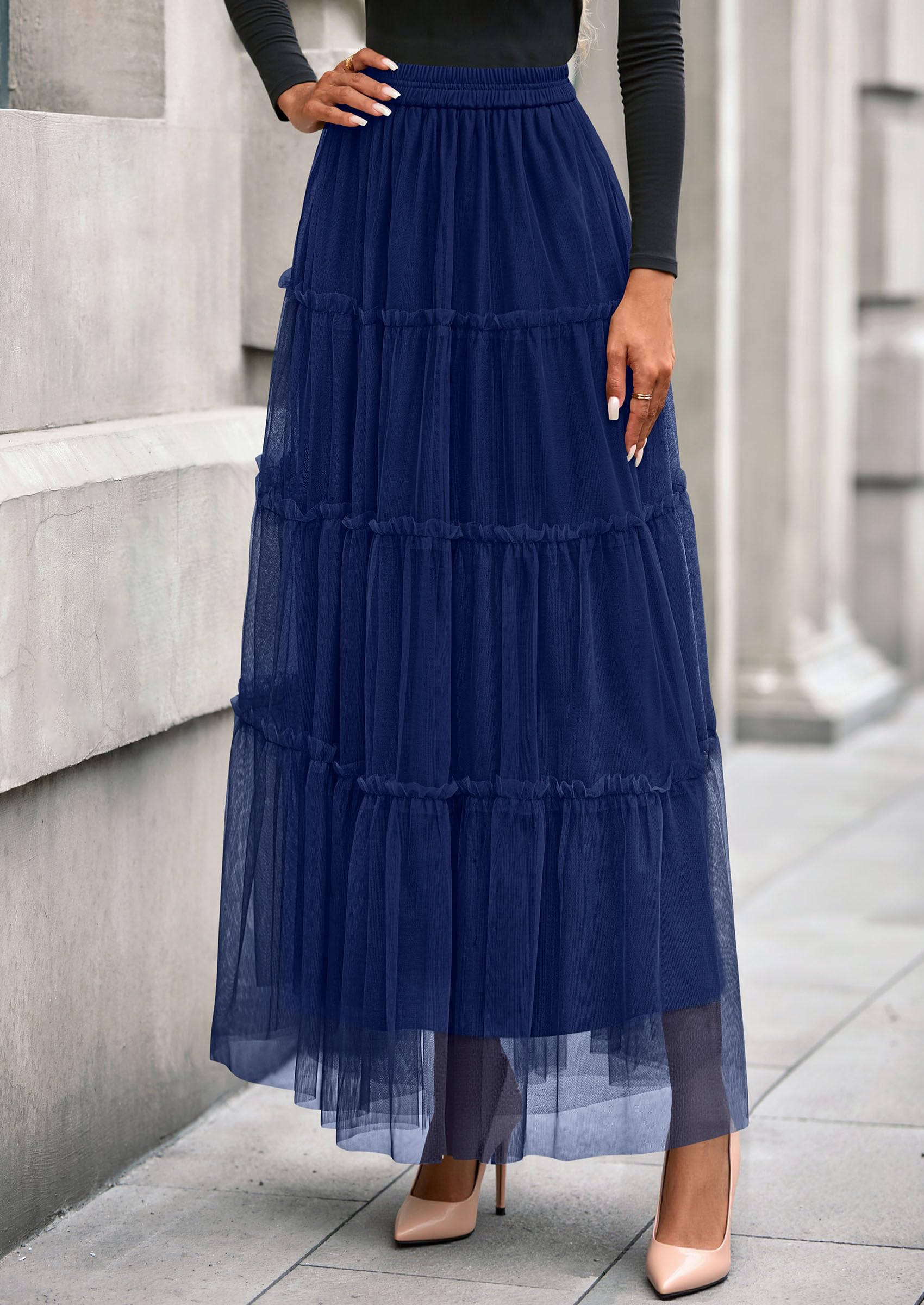 Women's Fall Soft Tulle Tiered Long Skirt,Navy Blue,S