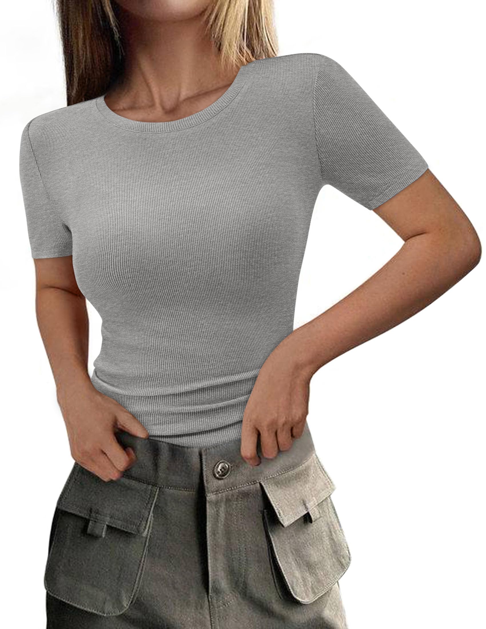 Womens Short Sleeve Slim Fit Basic Shirts,Grey,XS