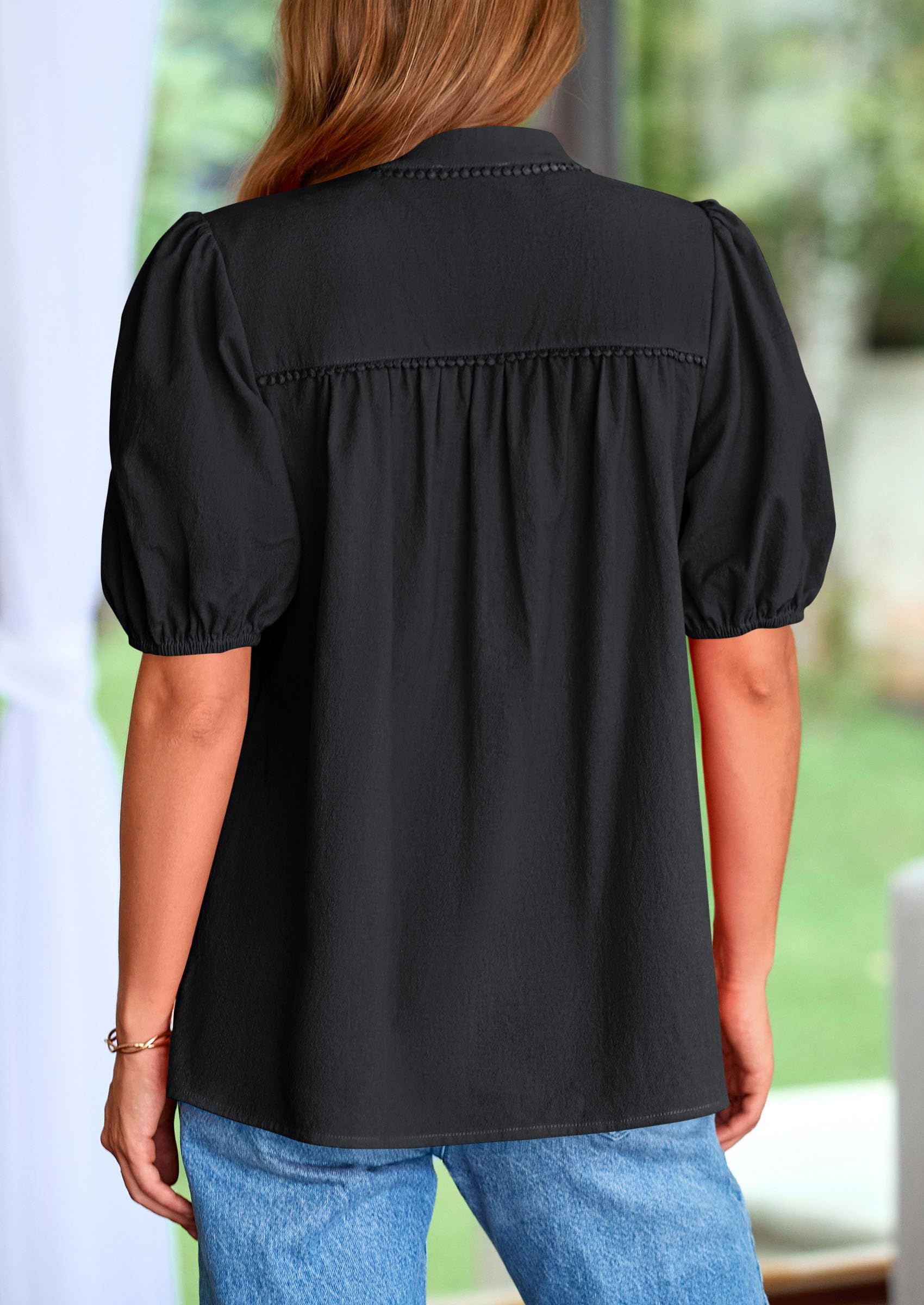 Womens Short Puff Sleeve V Neck Blouses,Black,S