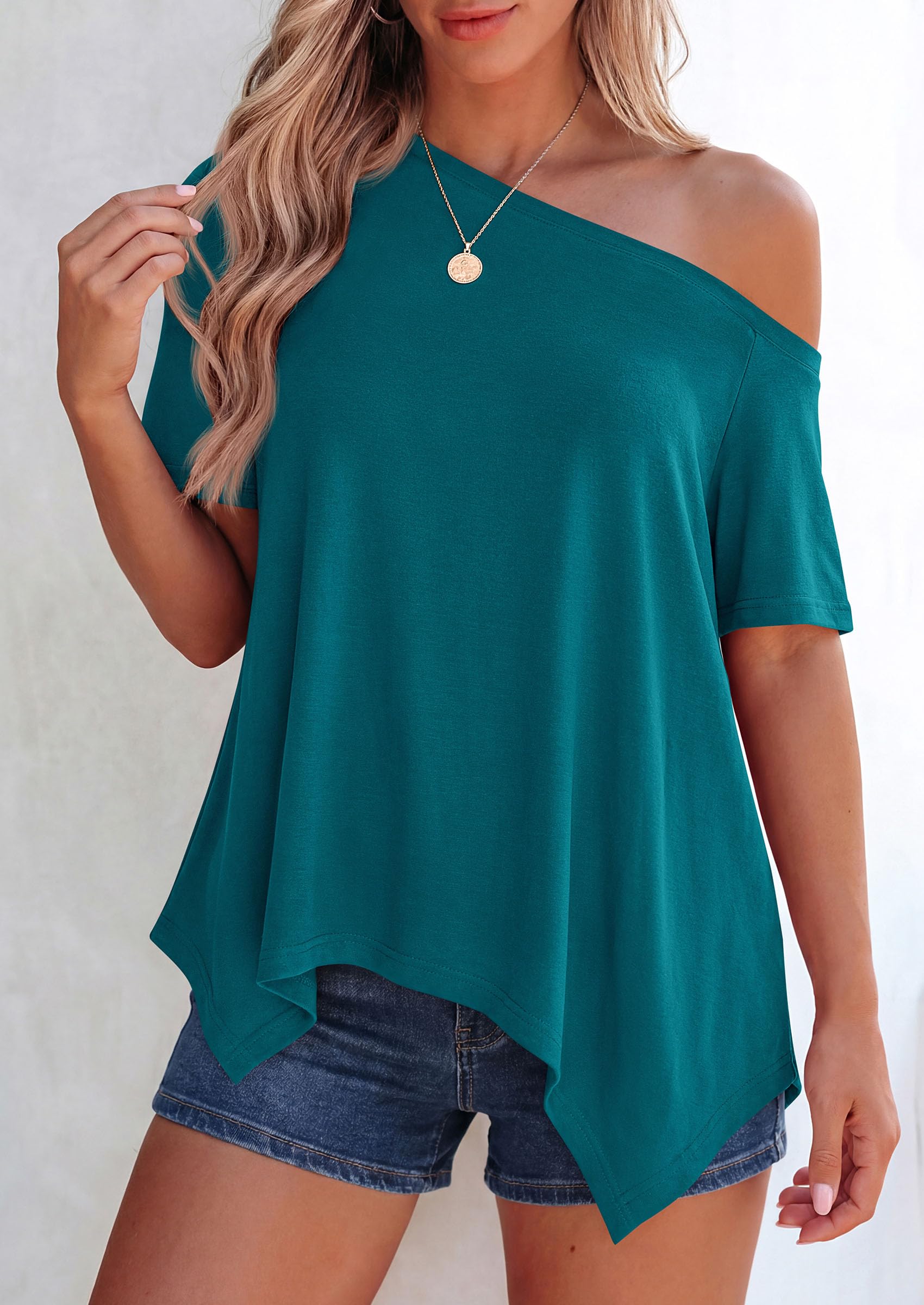 Off Shoulder Tops for Women Oversized Tshirts, Lake Blue,S