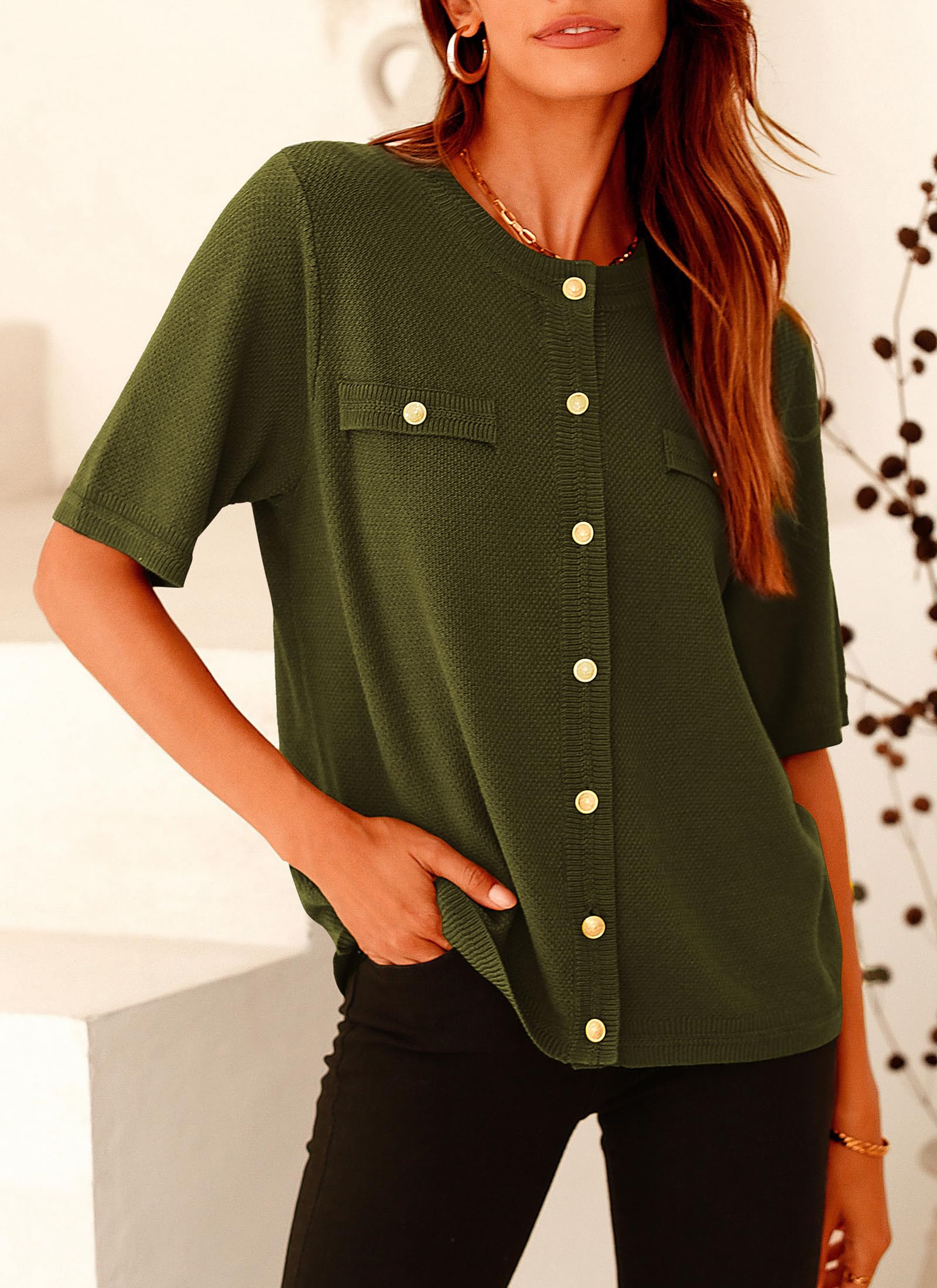 Women's Summer Casual Button Down Shirts Army Green,Small