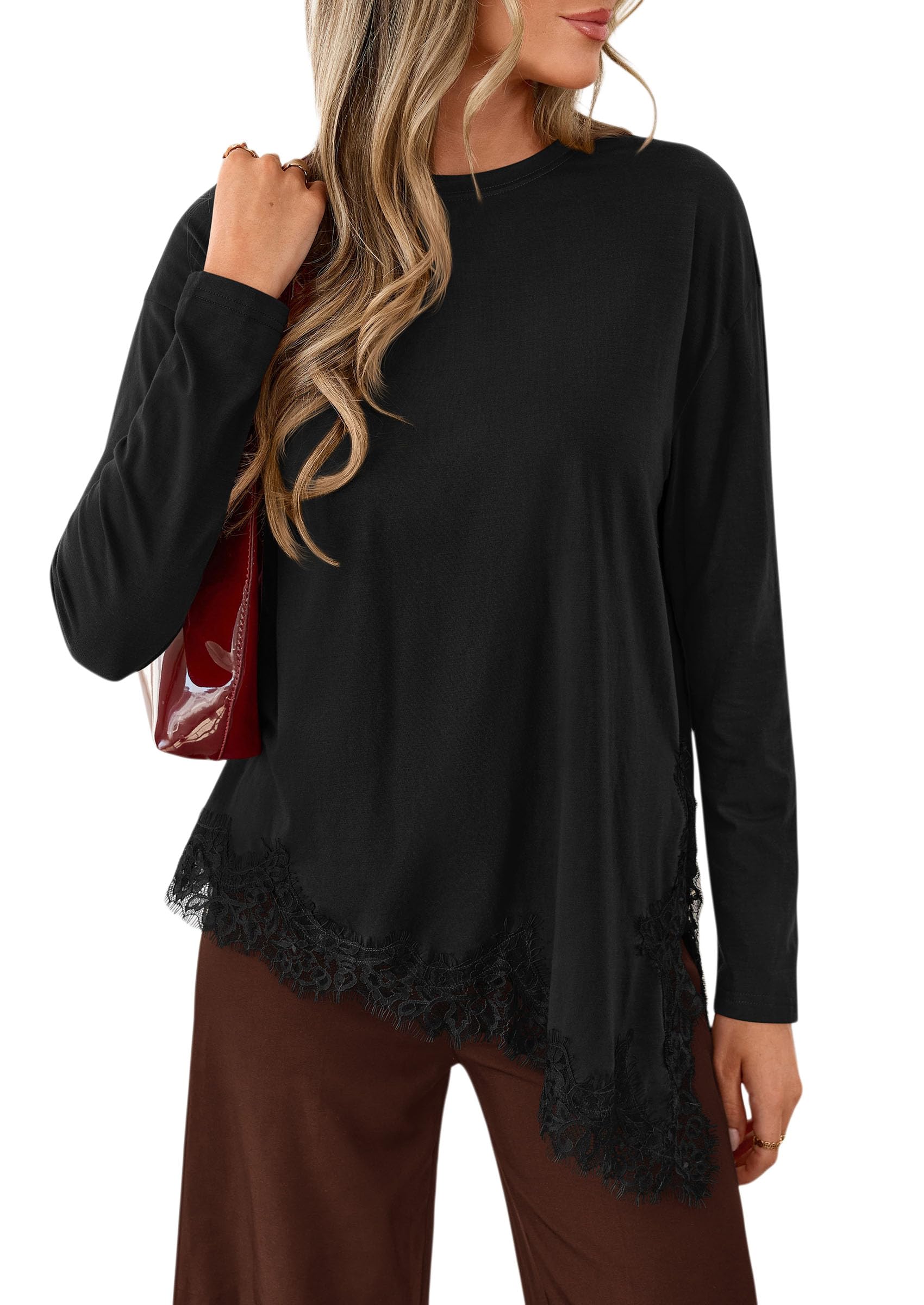 Women's Long Sleeve Asymmetrical Lace Tops Oversized Tshirts