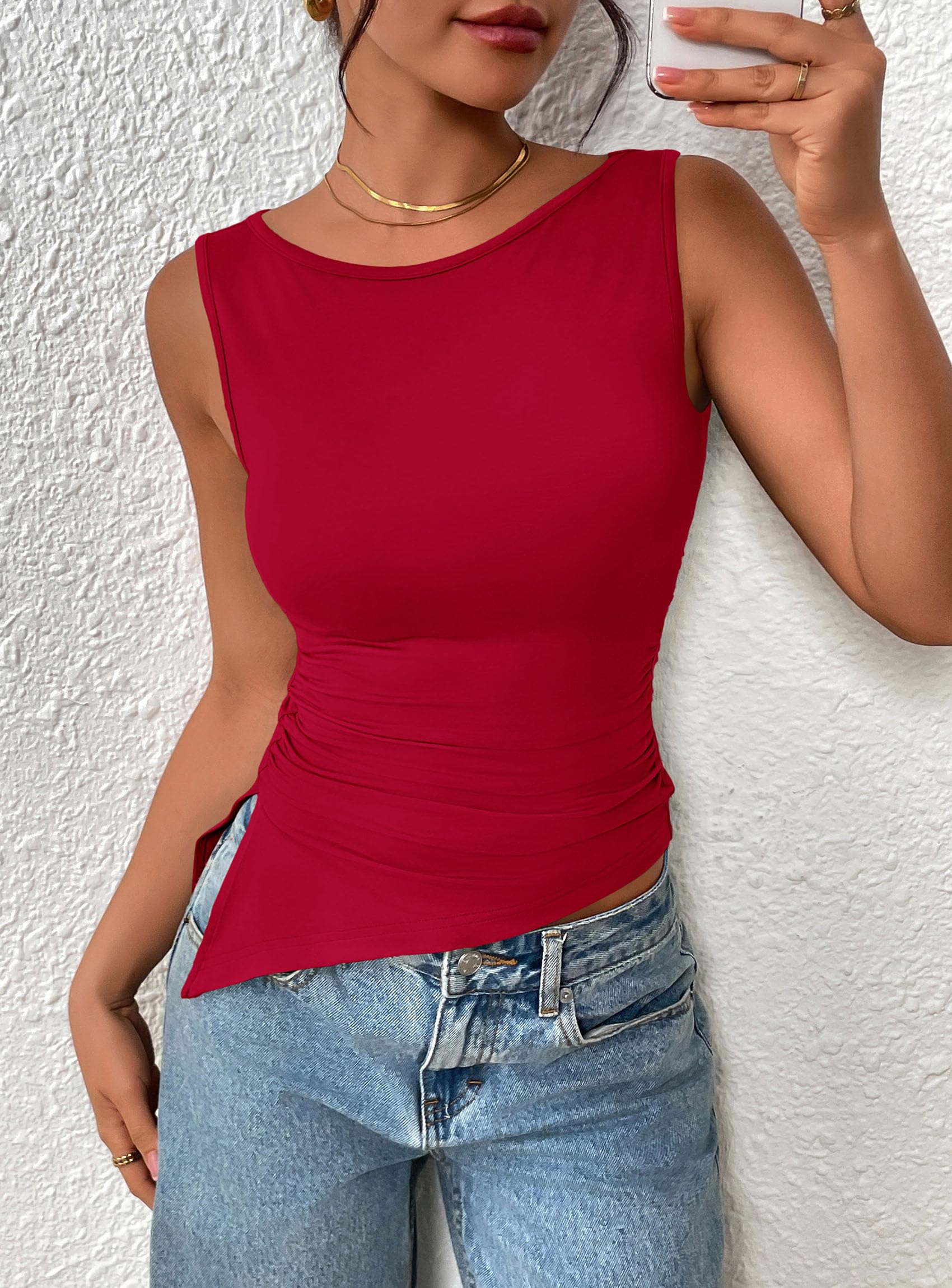 Women's Ruched Tank Tops Summer Y2K Shirts,Red,S