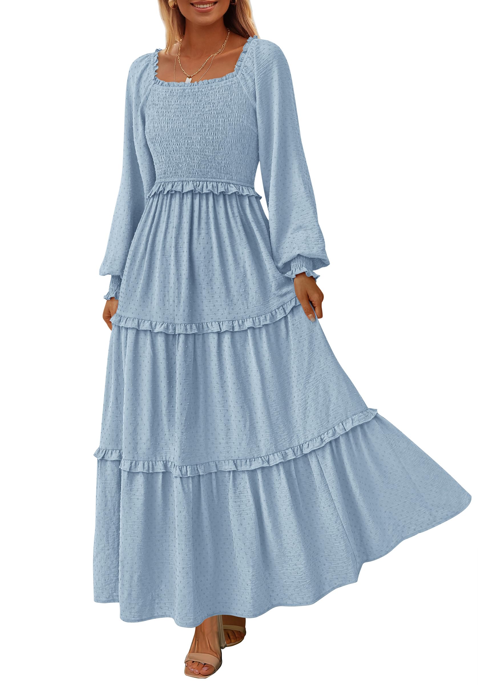 Women's Smocked Long Sleeve Maxi Dress Wedding Guest Dresses