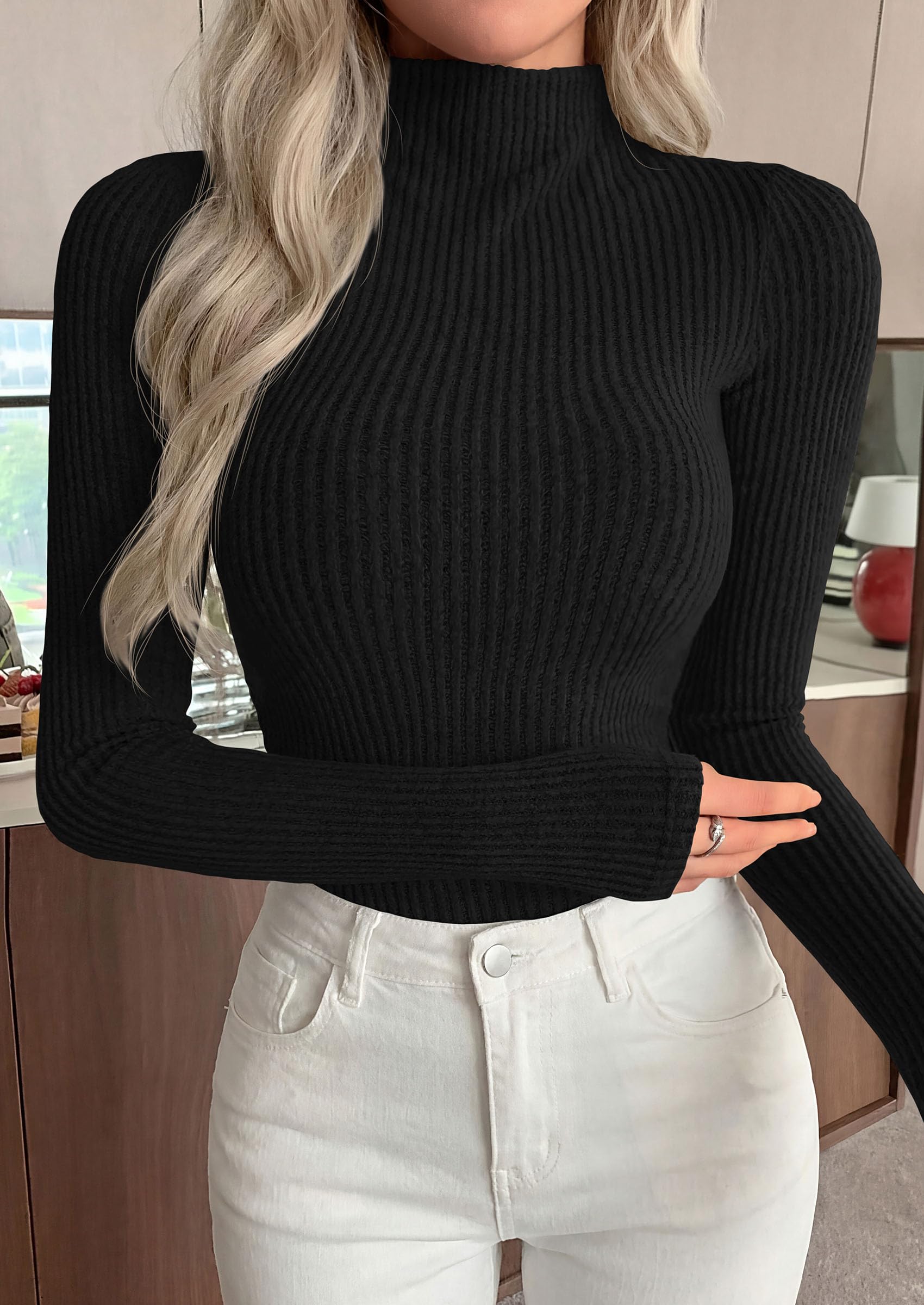 Long Sleeve Shirts for Women Fall Ribbed Mock Turtleneck Tops