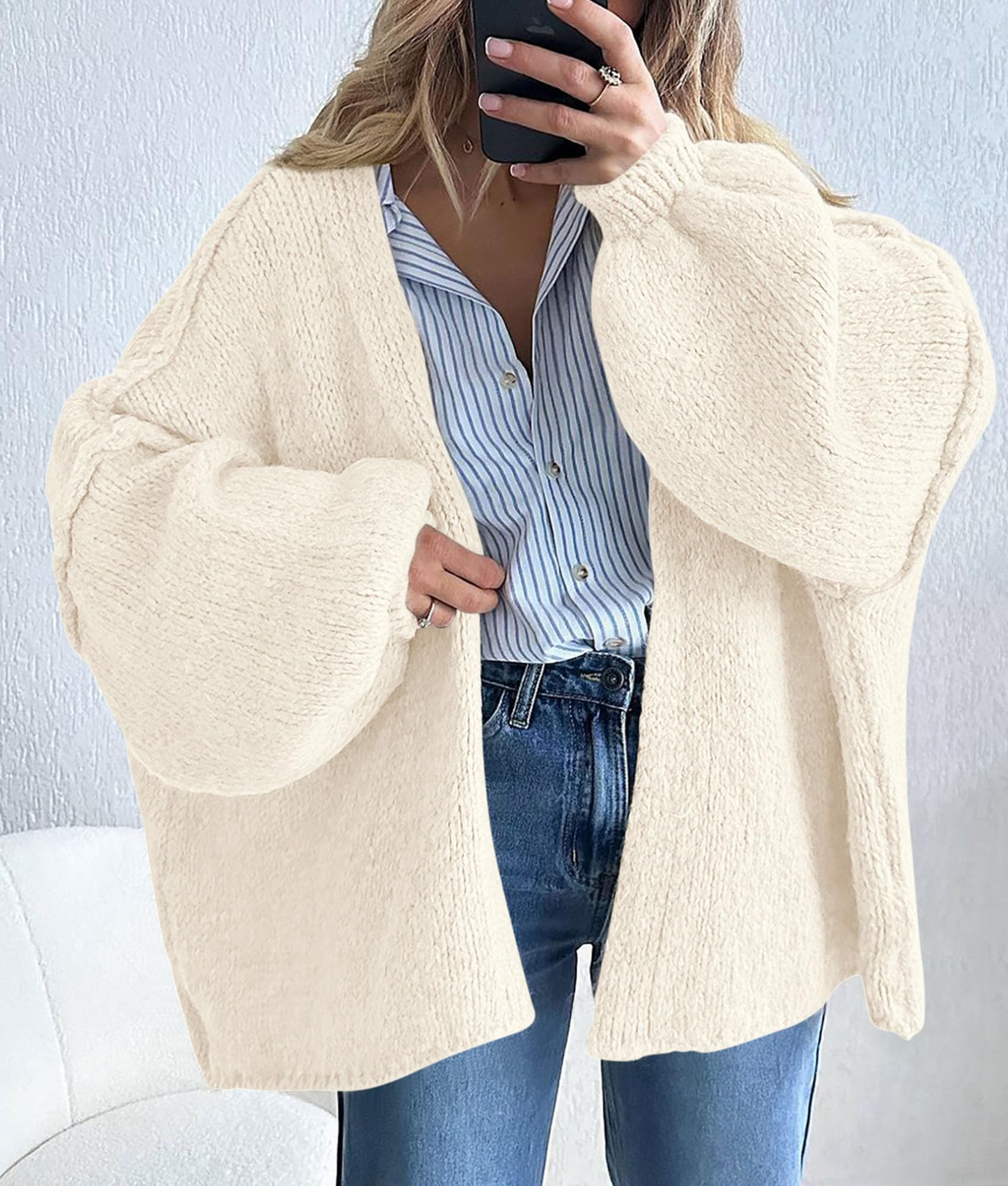 Womens Open Front Oversized Cardigan Sweaters,White,XS