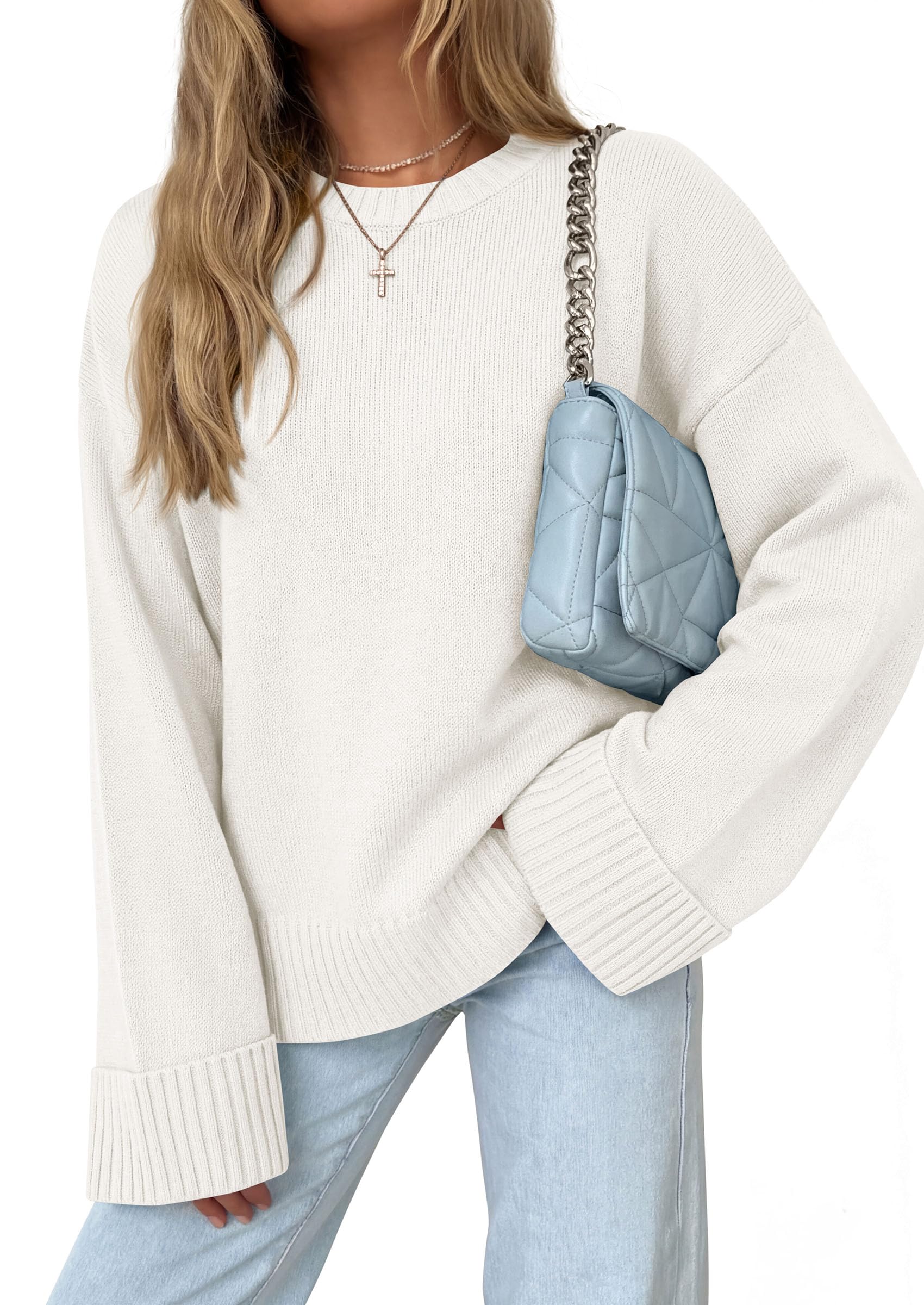 Oversized Sweater Women's Crewneck Long Sleeve Tops White