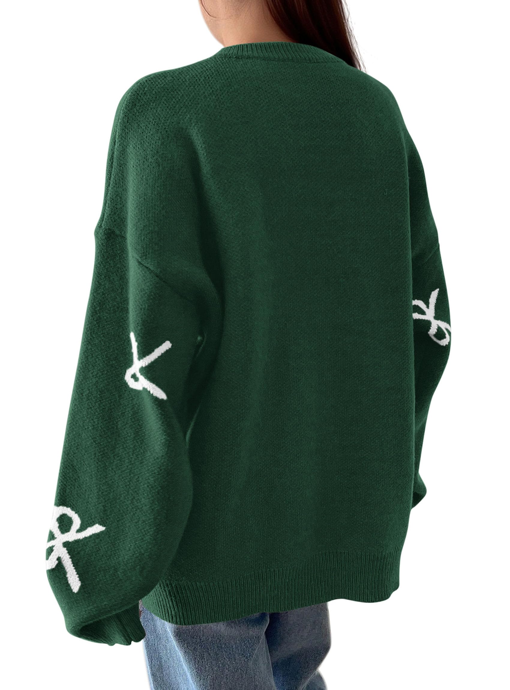 Fall Long Sleeve Pullover Sweaters for Women 2026 Trendy Crewneck Casual Cute Bow Chunky Knit Oversized Sweater (Dark Green,Small)