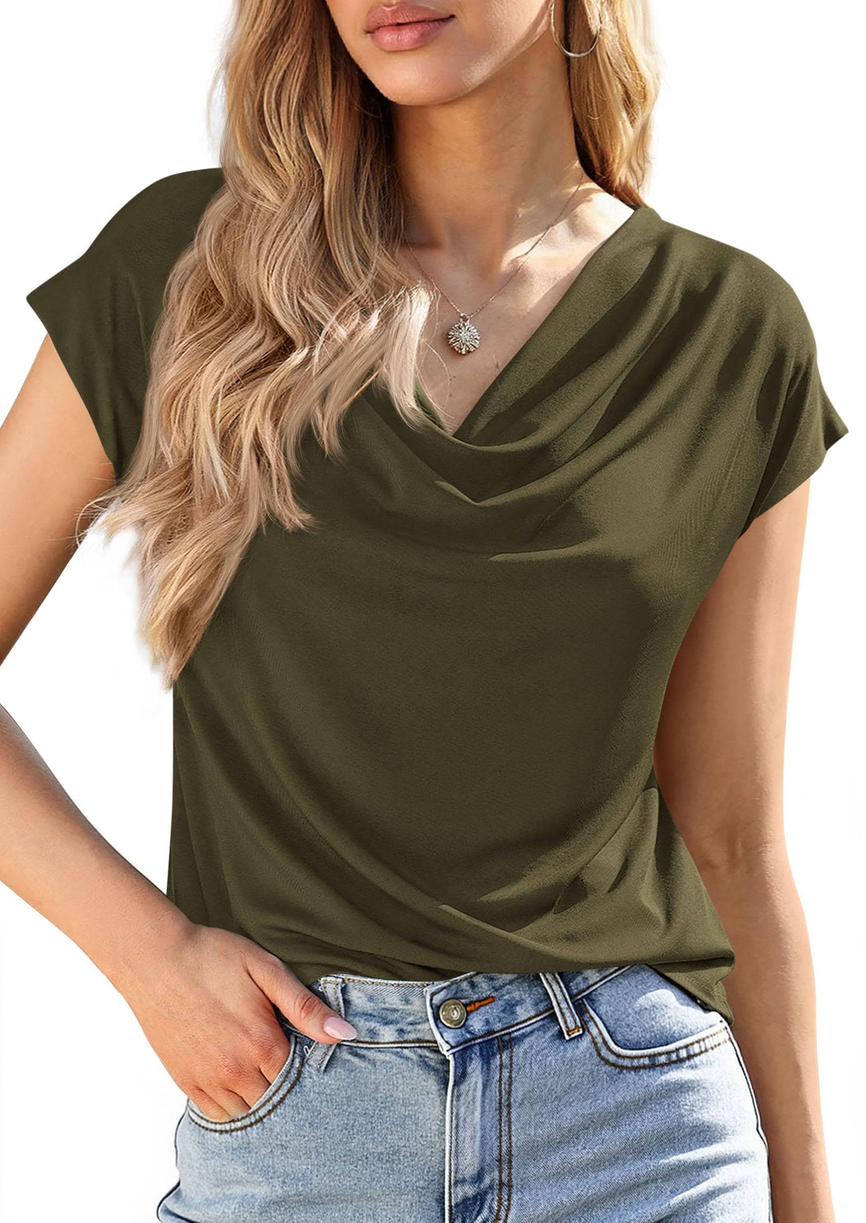 Womens Tops Dressy Business Casual Work Blouses, Army Green,XS