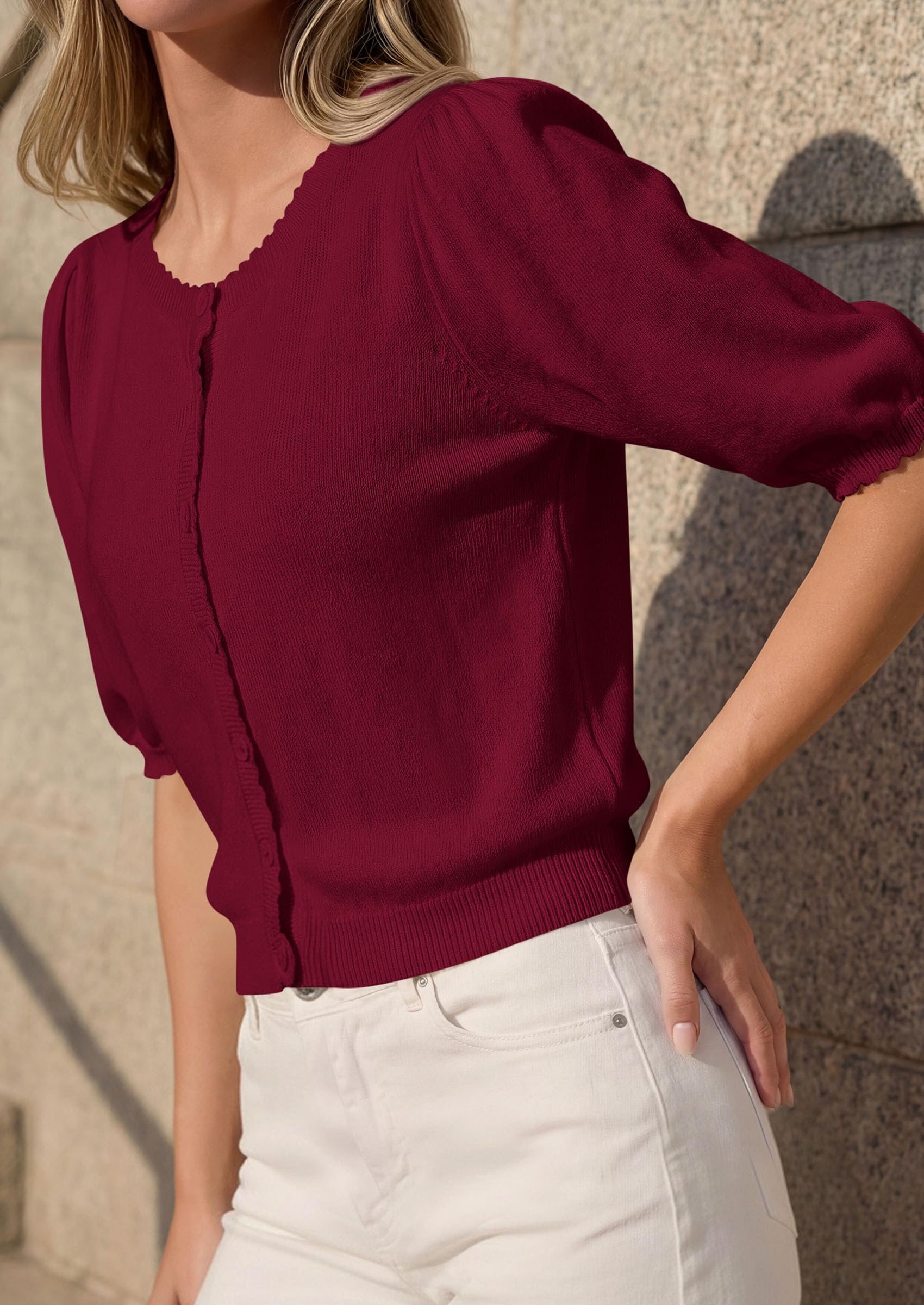 Women Short Sleeve Lightweight Knit Cardigans, Burgundy,S