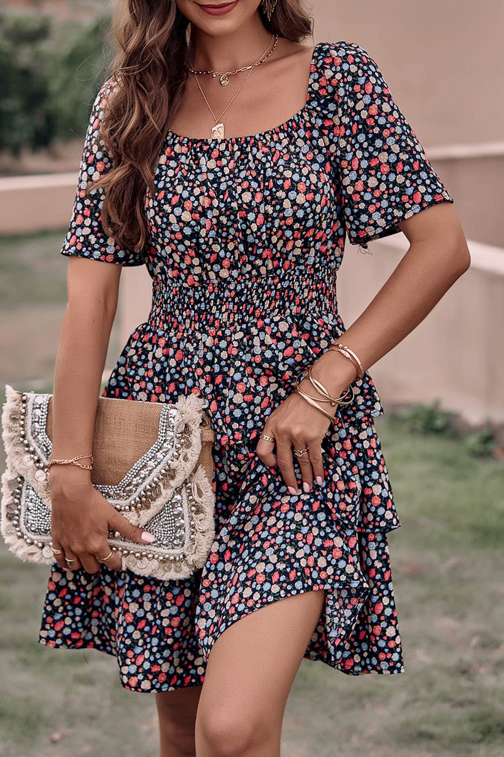 Women's 2025 Floral Summer Short Dress Square Neck Short Sleeve Tiered Ruffle Boho Swing Dresses (Floral Black Red,Small)