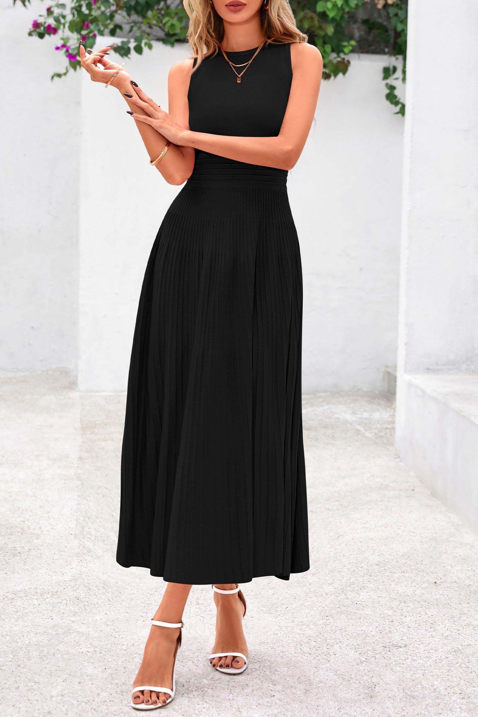 Women's Summer Pleated Midi Work Dress,Black,S
