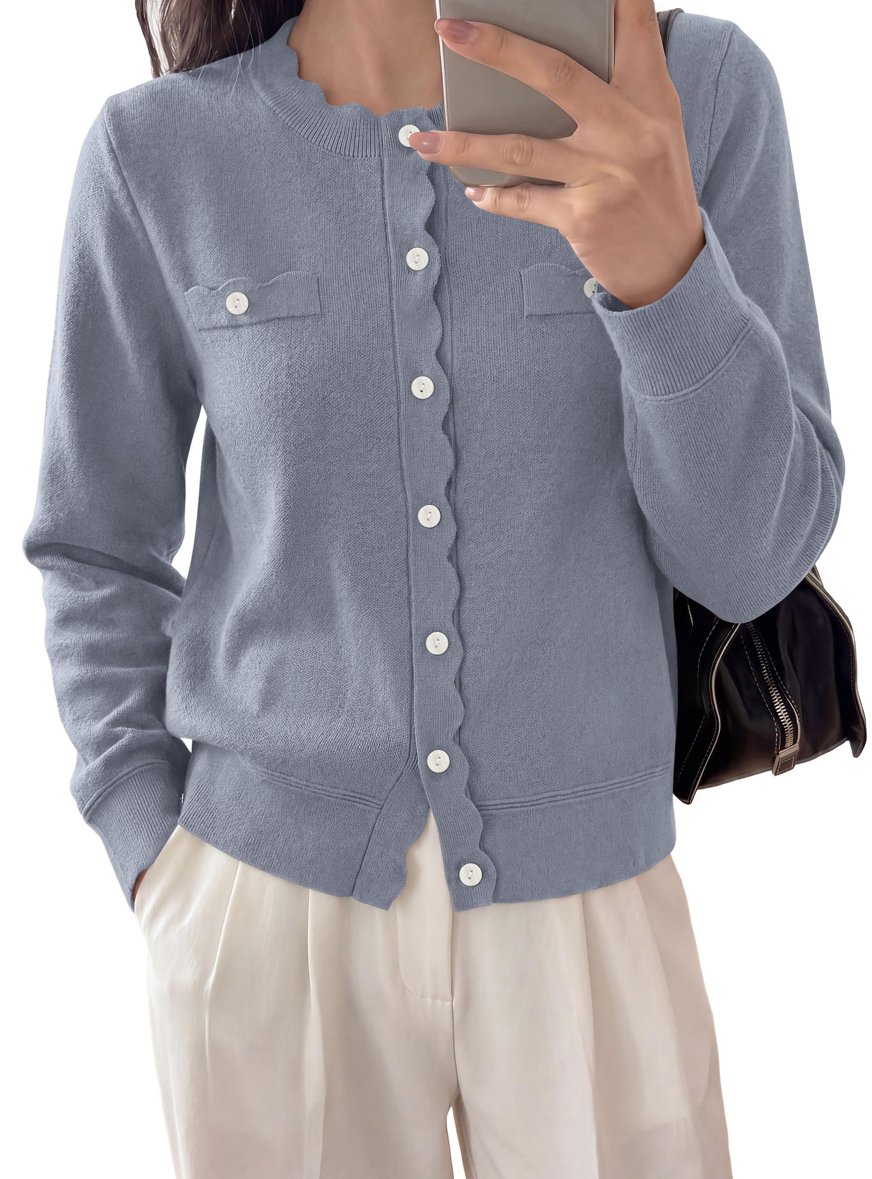 Womens Lightweight Cardigan Sweaters Scalloped Trim Fall Tops