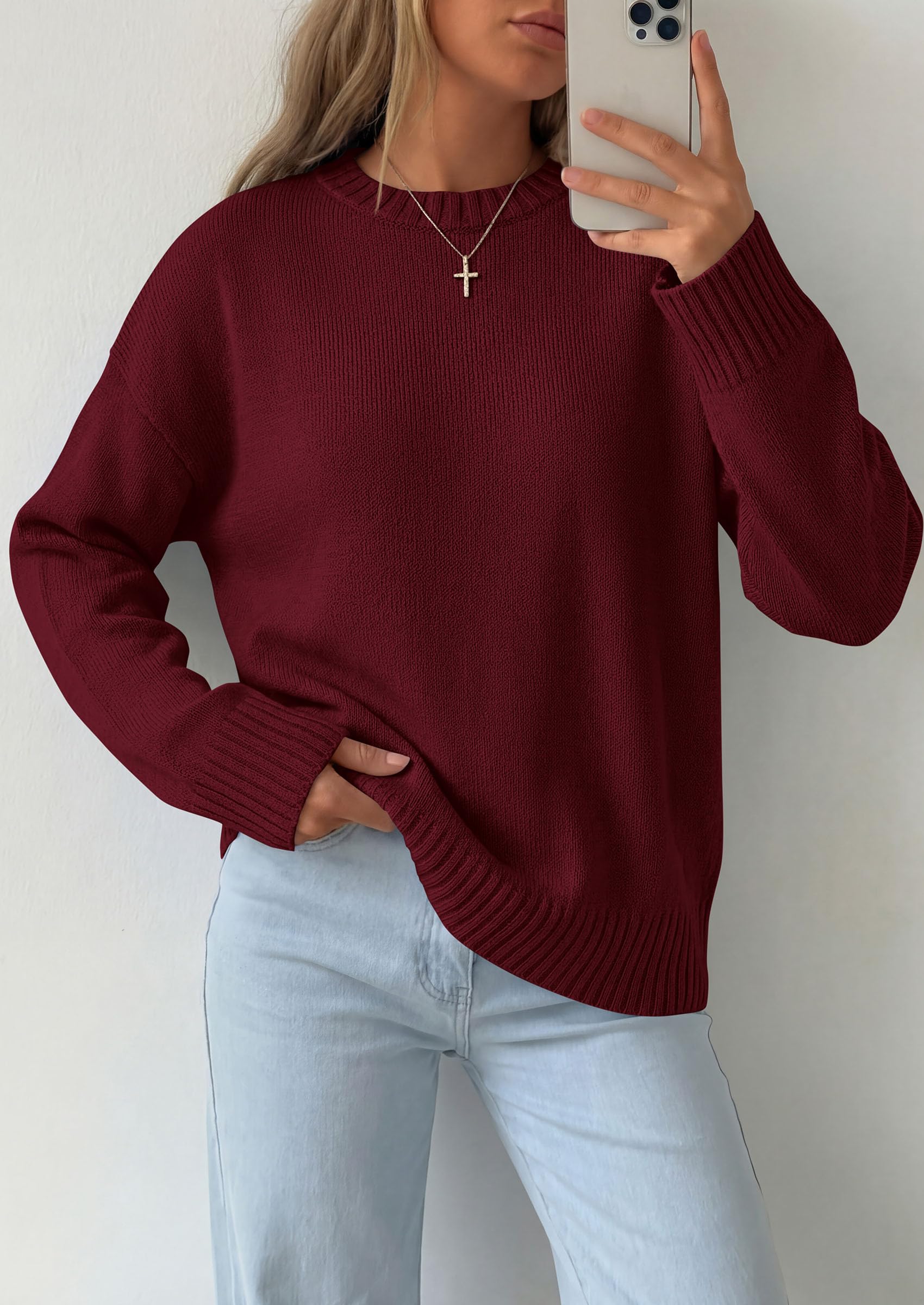 Oversized Sweater Women's Crewneck Long Sleeve Tops Wine Red