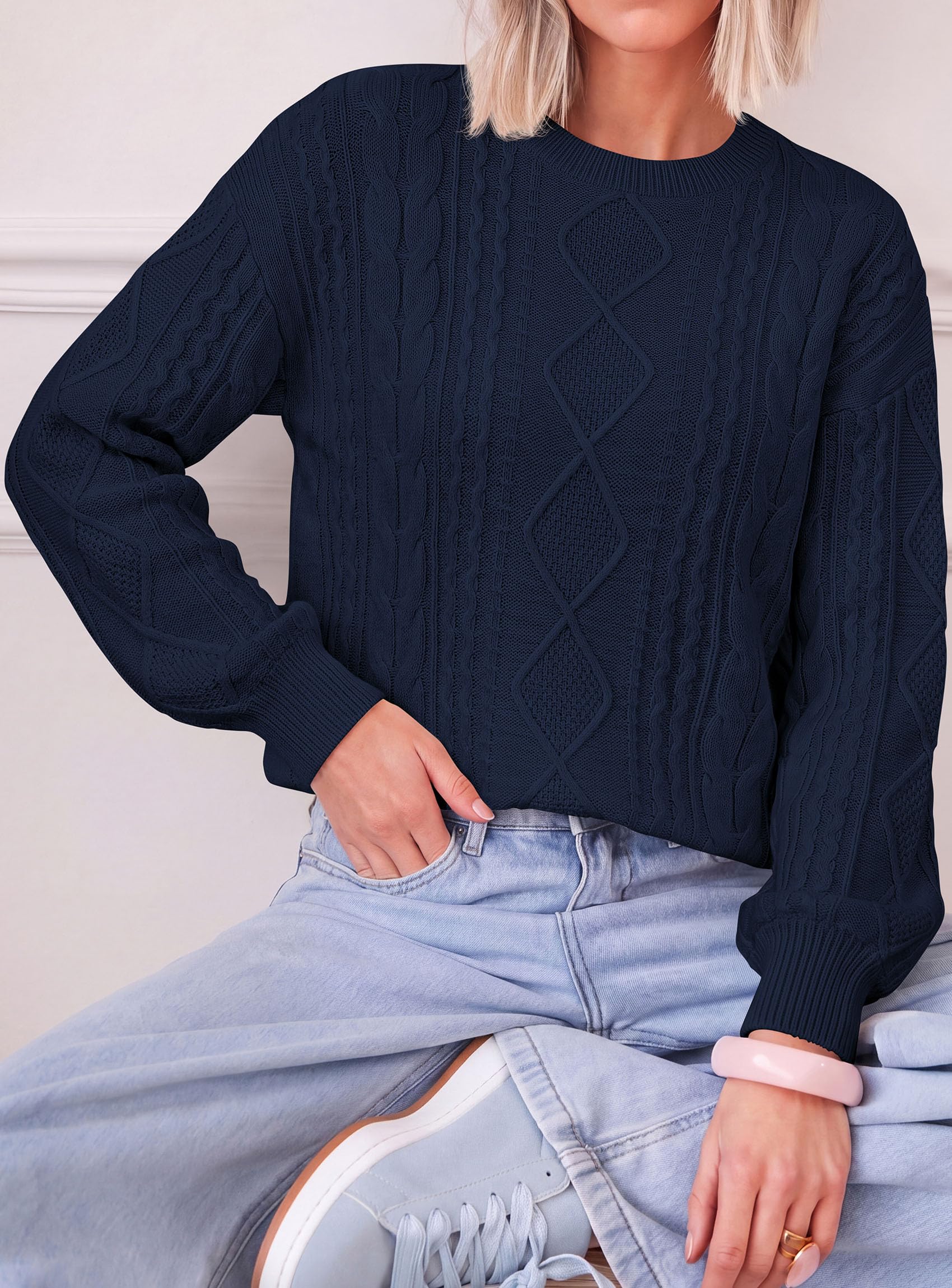 Women's Crewneck Cable Knit Sweater Pullover Tops Navy