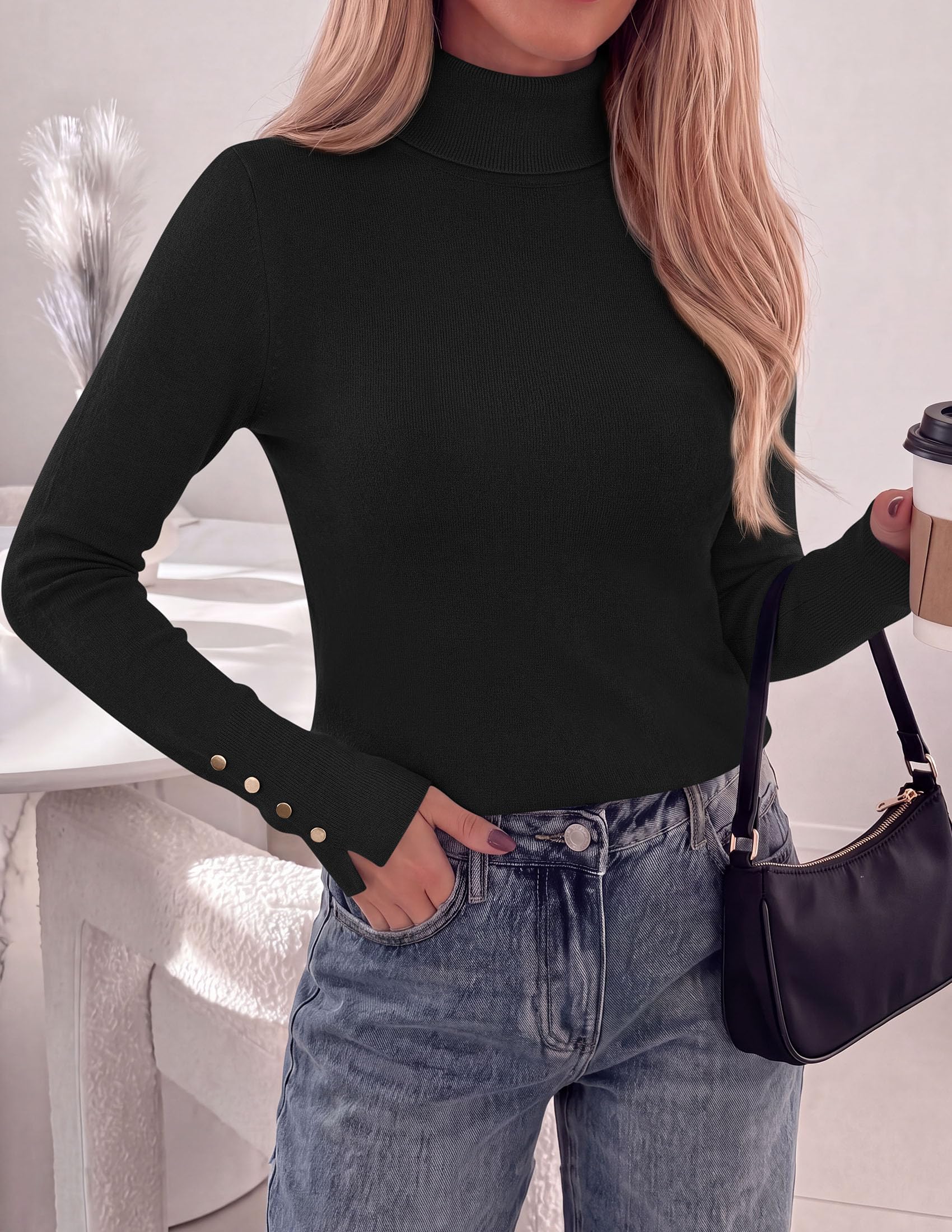 Women Turtleneck Sweaters Fall Long Sleeve Tops,Black,M