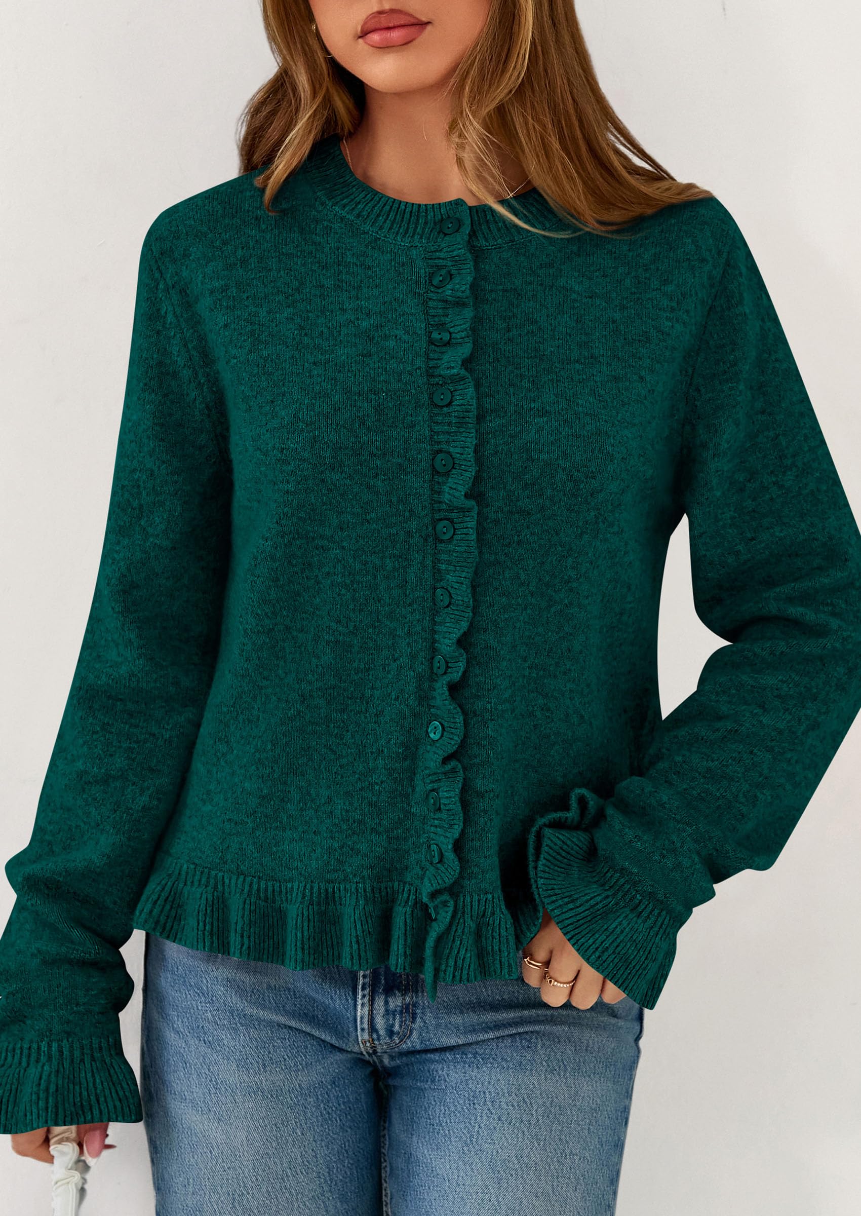 Womens Ruffle Button Down Cardigan Sweaters,Dark Green,S