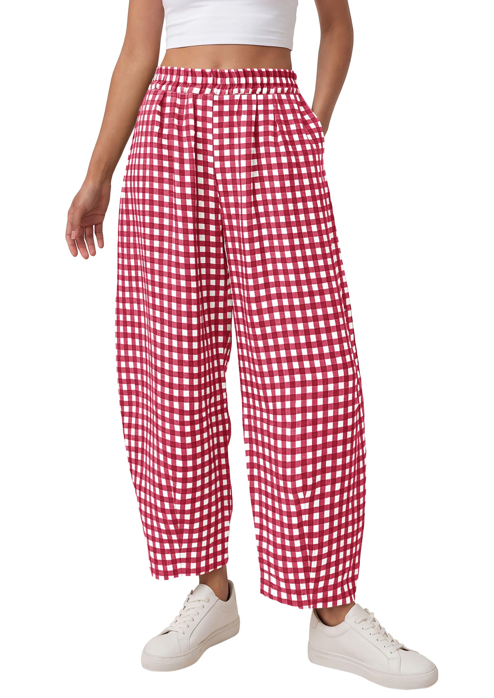 Plaid Barrel Pants Women Summer Bottoms, Red Plaid,S
