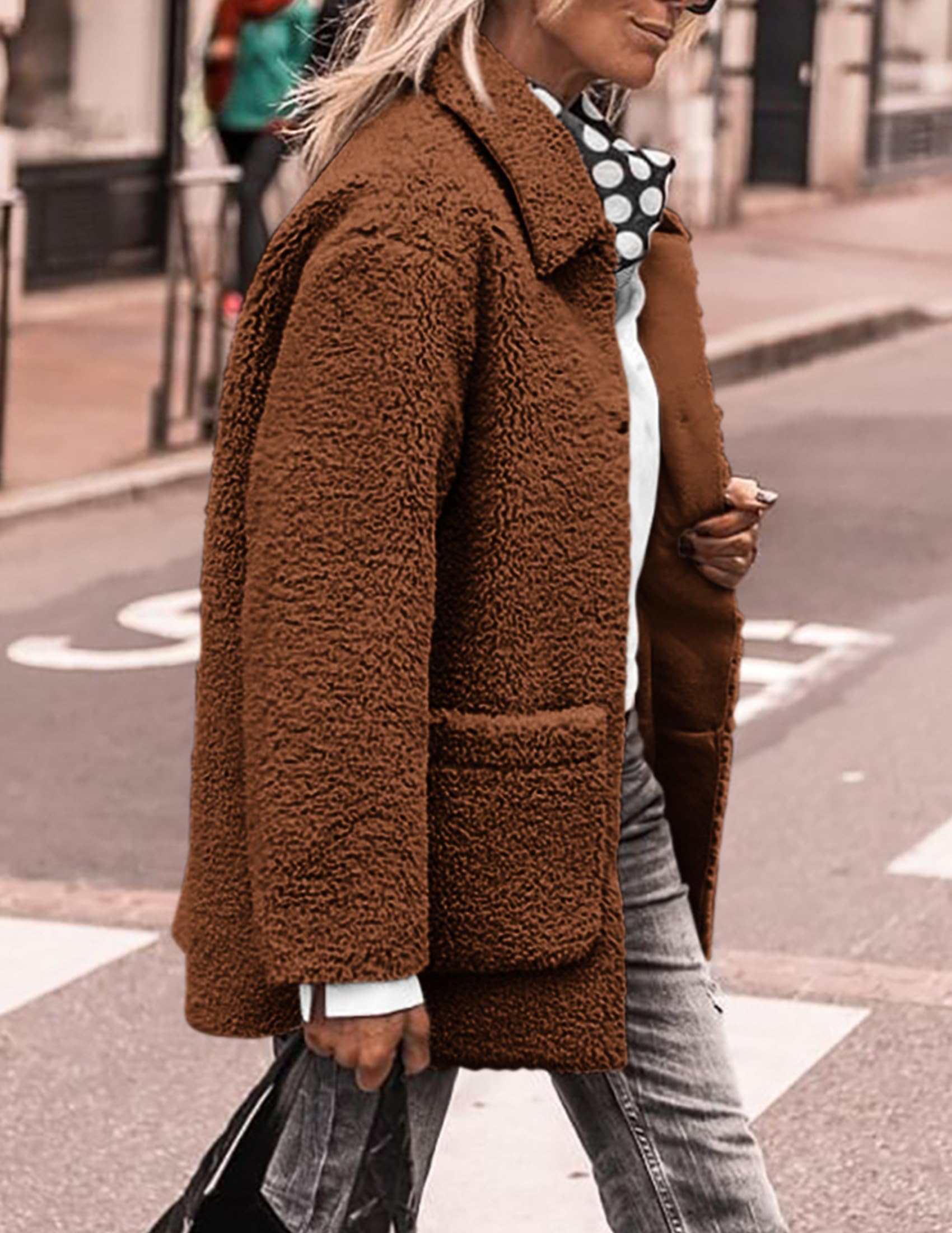 Women's Winter Faux Fur Coats Long Sleeve Lapel Button Down Pockets Fleece Sherpa Jacket Casual Trendy Outerwear (Brown,Small)