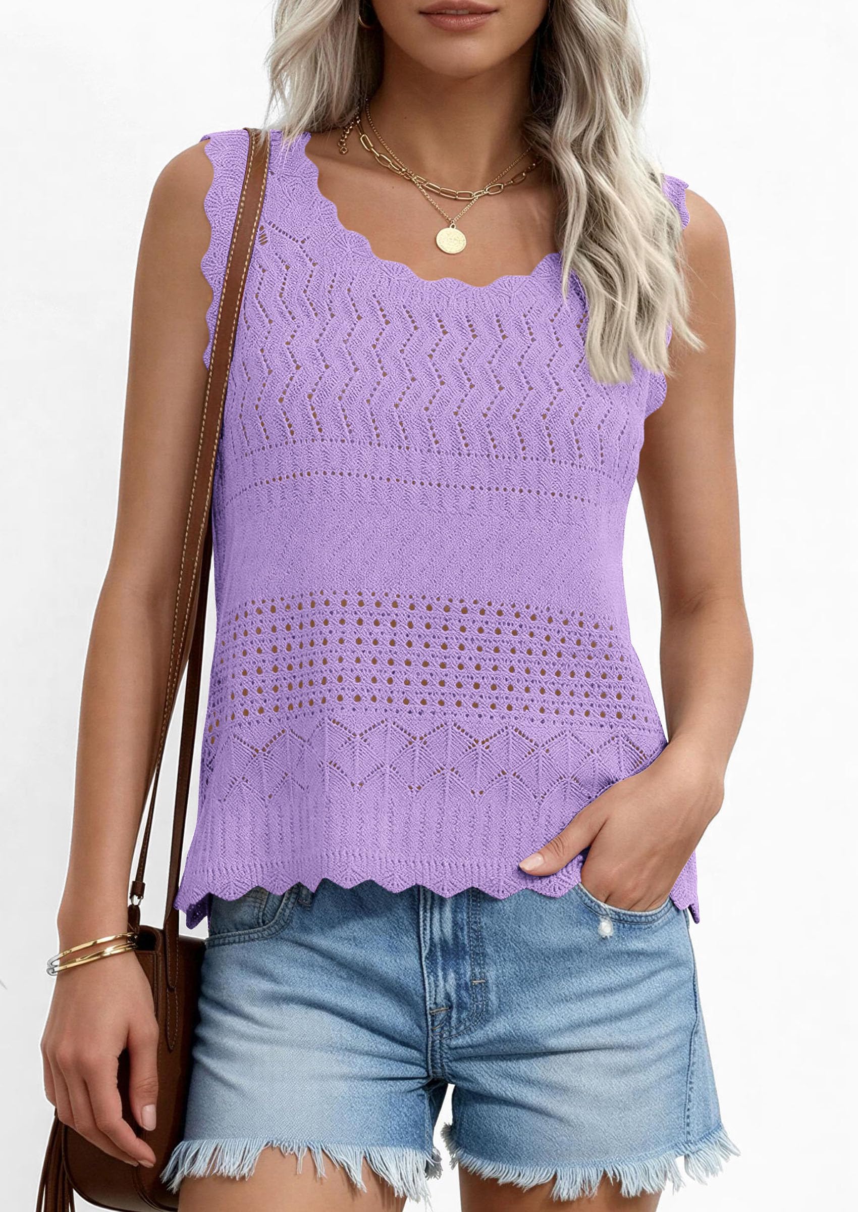 Womens Crochet Tank Tops Knit Sleeveless Vest,Purple,S