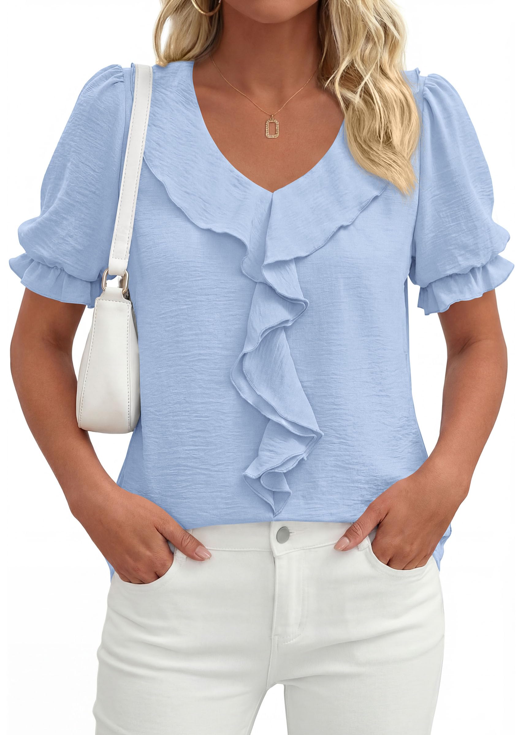 Women's Summer Ruffle Dressy Casual Blouses (Light Blue,S)