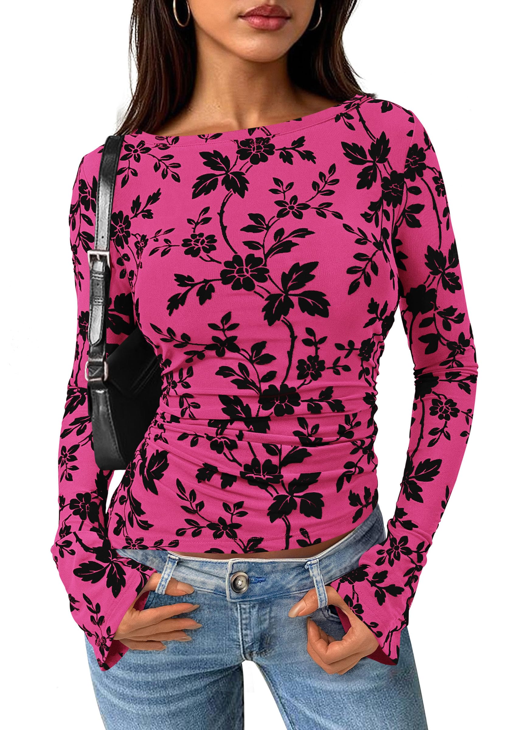 Women's Long Bell Sleeve Y2K Tops Boho Floral Mesh Blouses