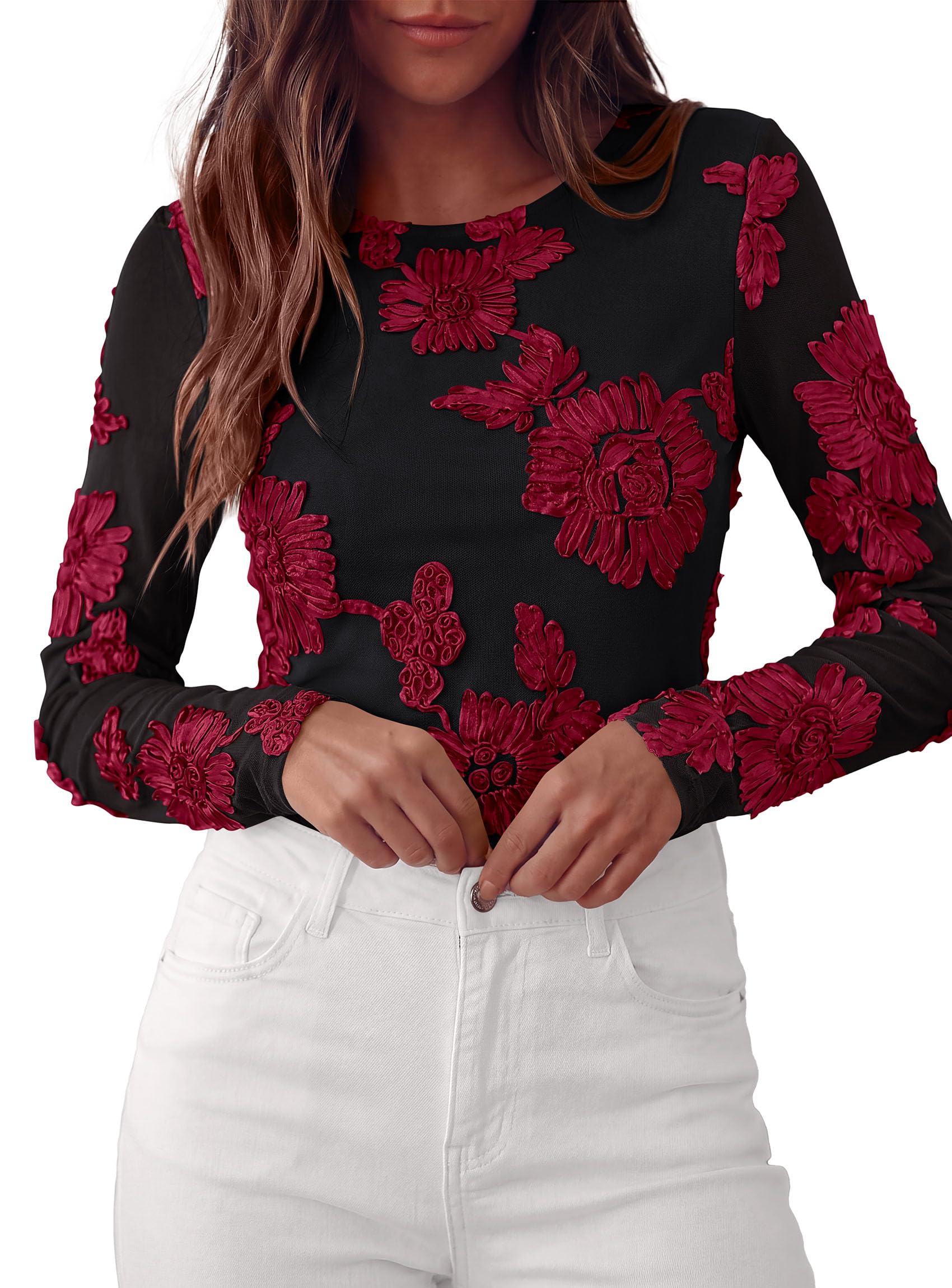 Women's Mesh Long Sleeve Embroidered Floral Tops Fall Blouses